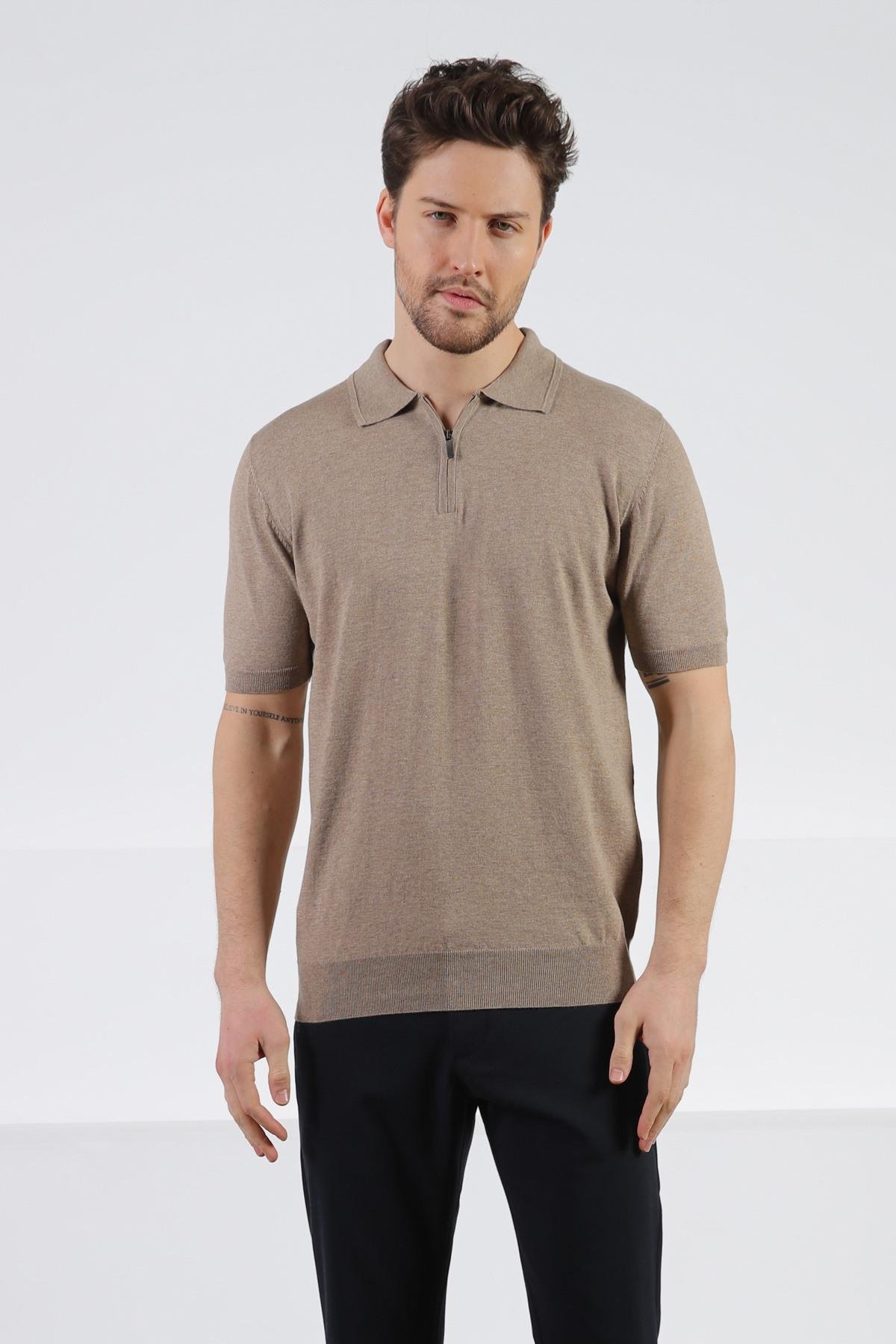 Ferraro Bej Polo Yaka Fermuarlı Erkek Pamuk Triko T-Shirt