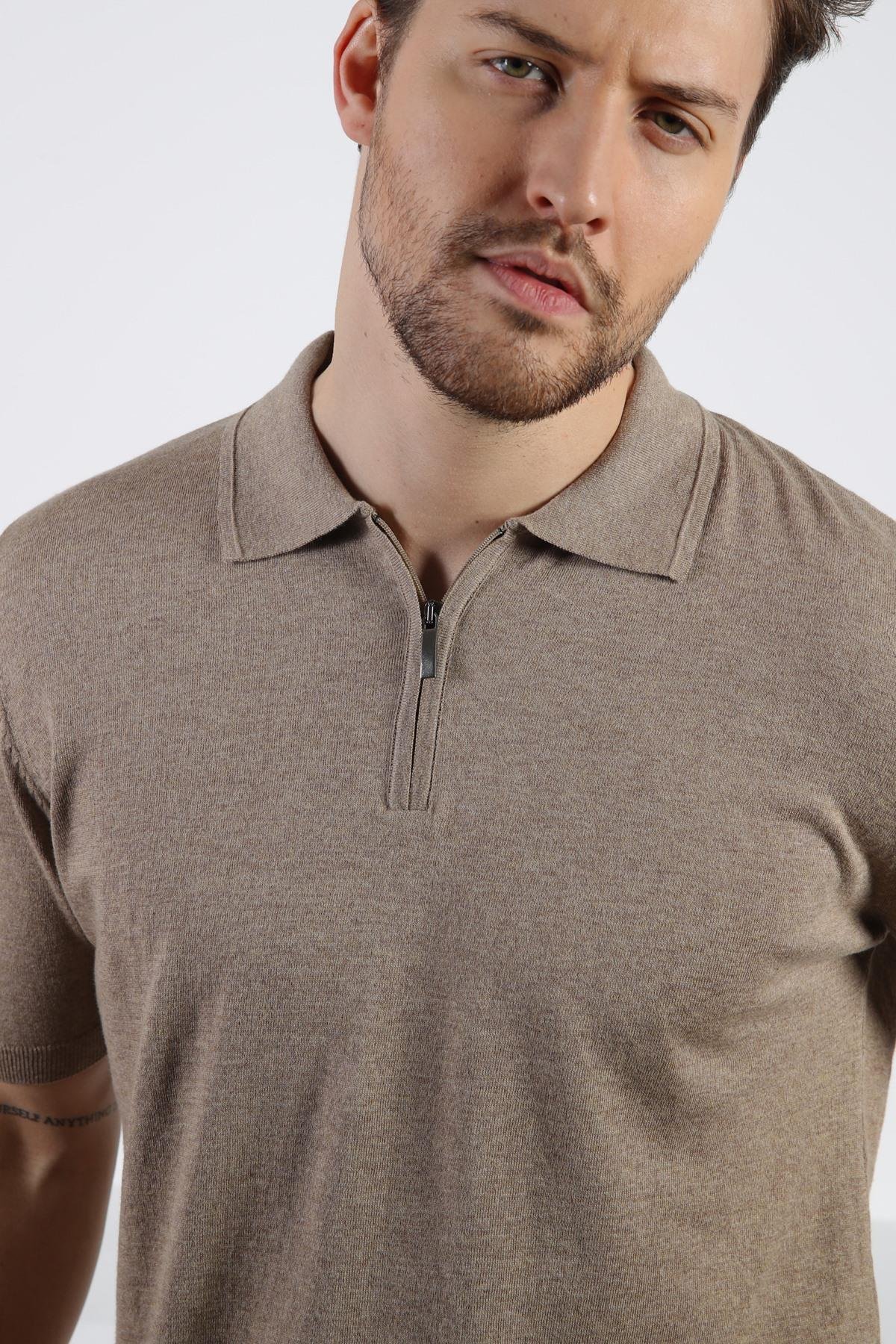 Ferraro Bej Polo Yaka Fermuarlı Erkek Pamuk Triko T-Shirt