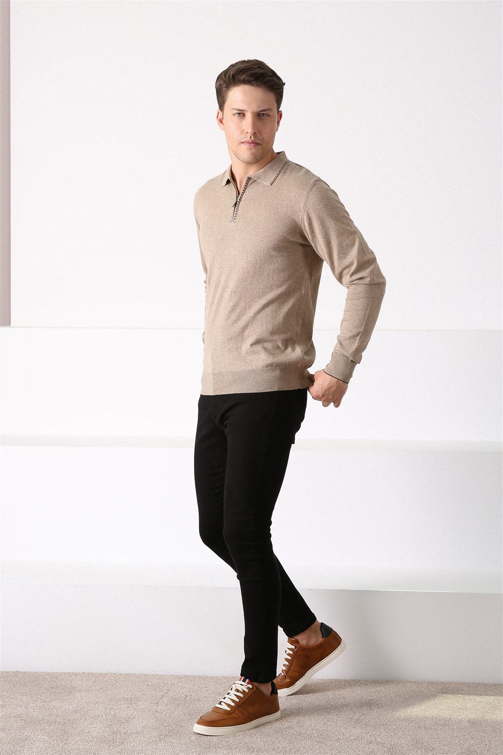 Ferraro Bej Polo Yaka Fermuarlı Erkek Pamuk Kazak