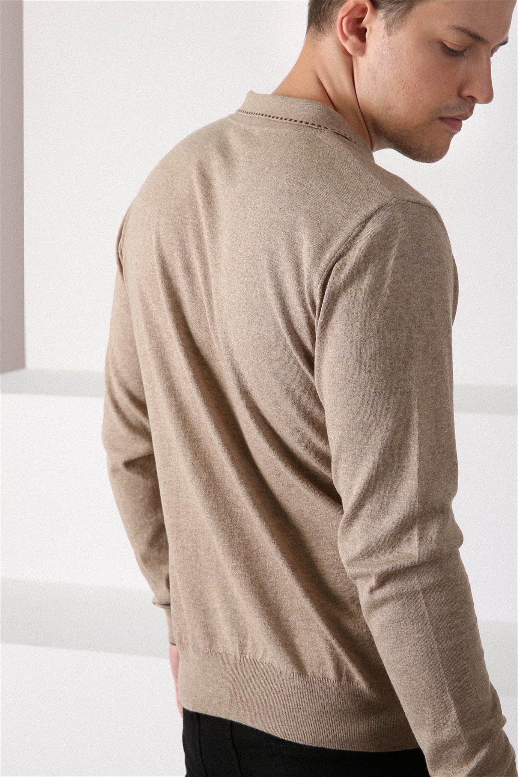 Ferraro Bej Polo Yaka Fermuarlı Erkek Pamuk Kazak