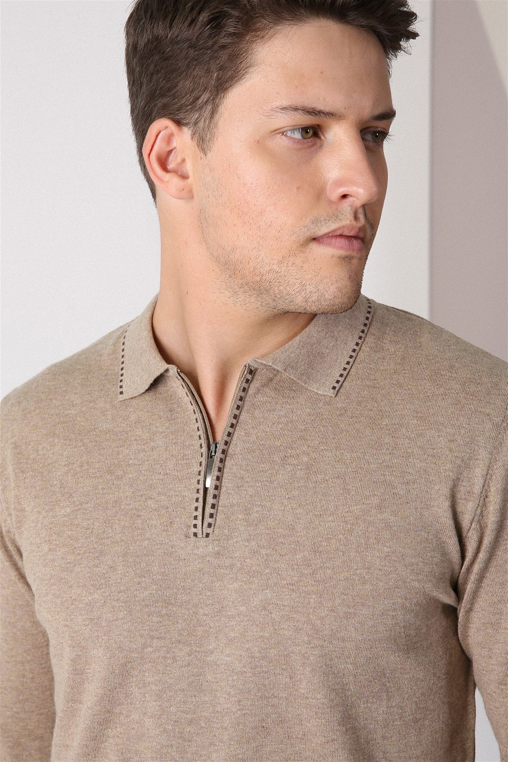 Ferraro Bej Polo Yaka Fermuarlı Erkek Pamuk Kazak