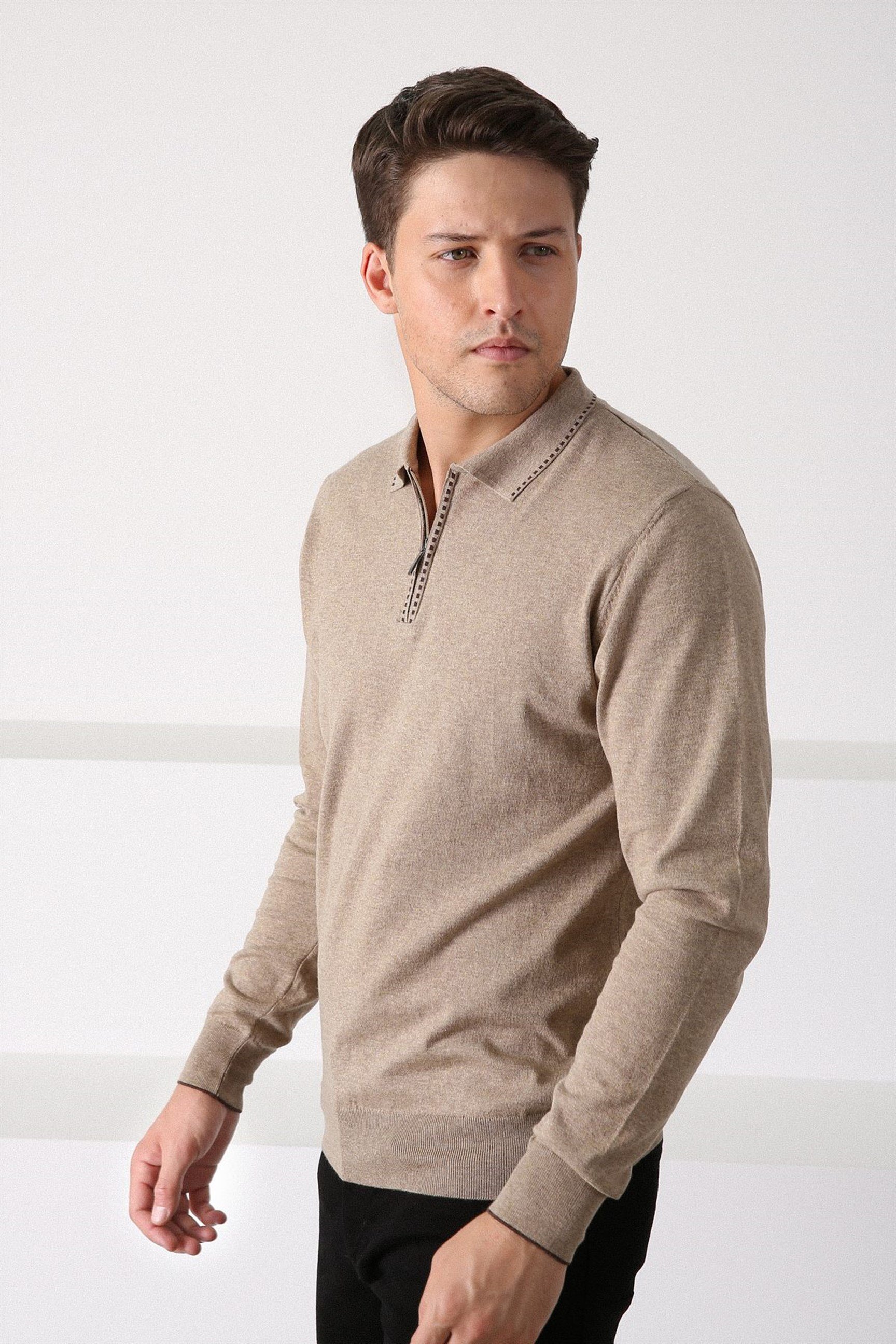 Ferraro Bej Polo Yaka Fermuarlı Erkek Pamuk Kazak