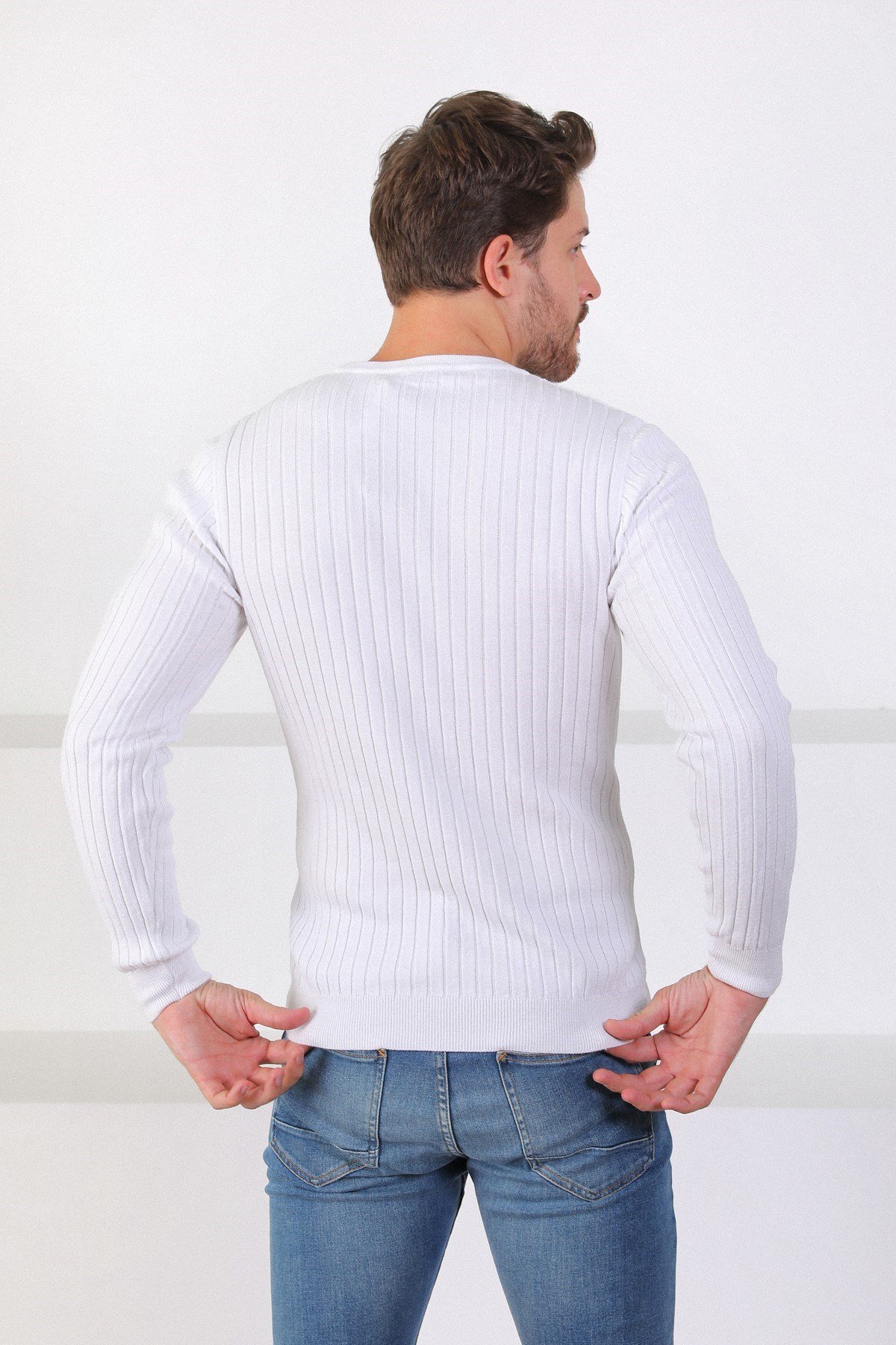 Ferraro Beyaz Bisiklet Yaka Fitilli Erkek Kazak