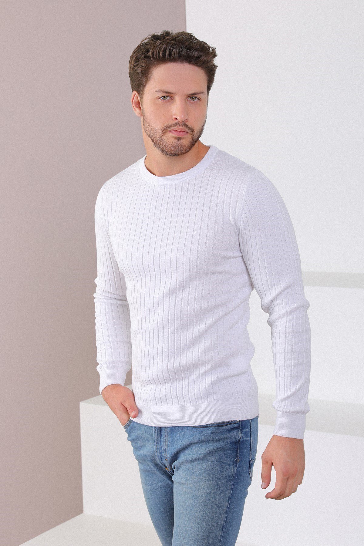 Ferraro Beyaz Bisiklet Yaka Fitilli Erkek Kazak