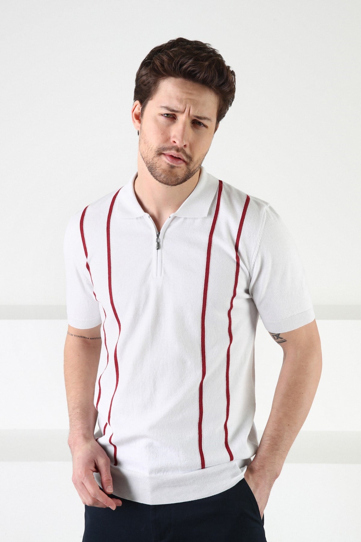 Ferraro Beyaz Fermuarlı Polo Yaka %100 Pamuk Erkek Triko T-Shirt
