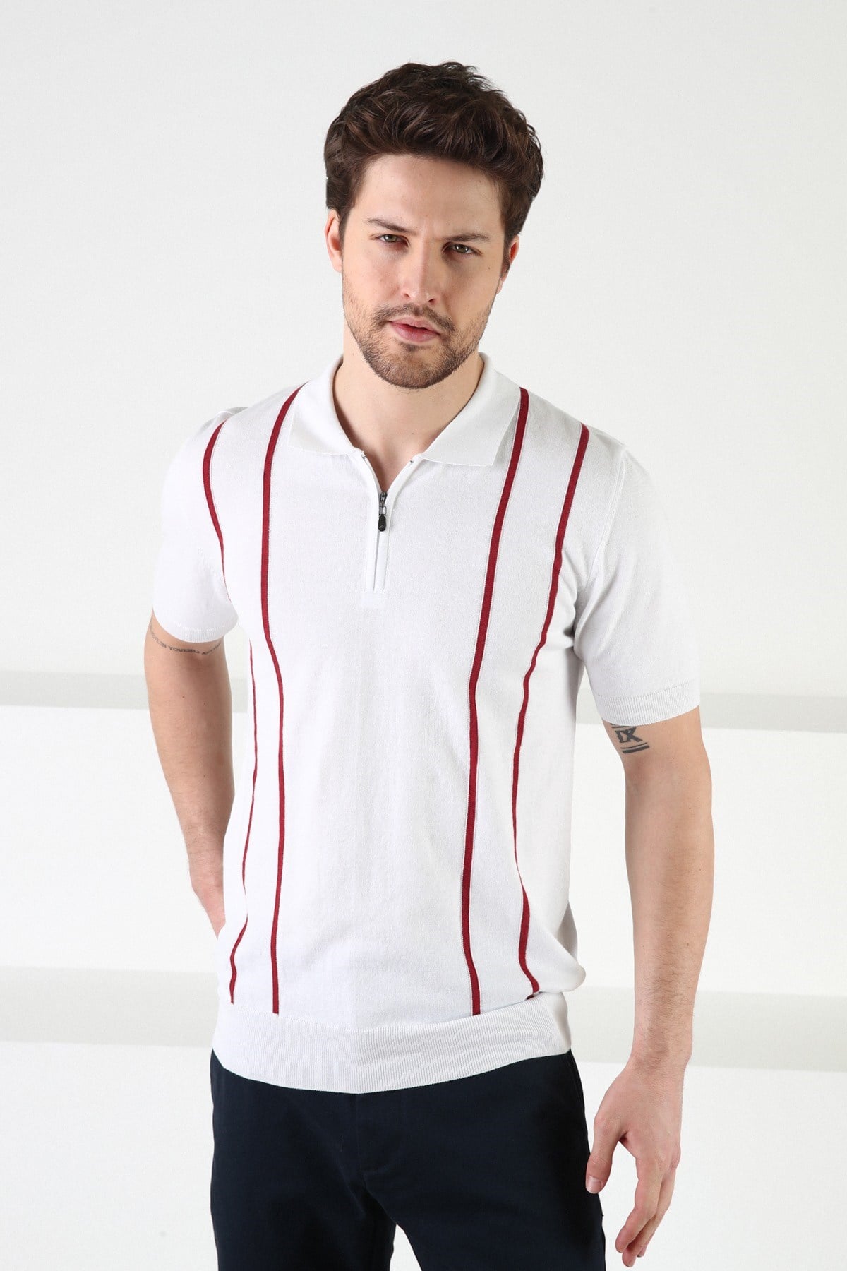 Ferraro Beyaz Fermuarlı Polo Yaka %100 Pamuk Erkek Triko T-Shirt