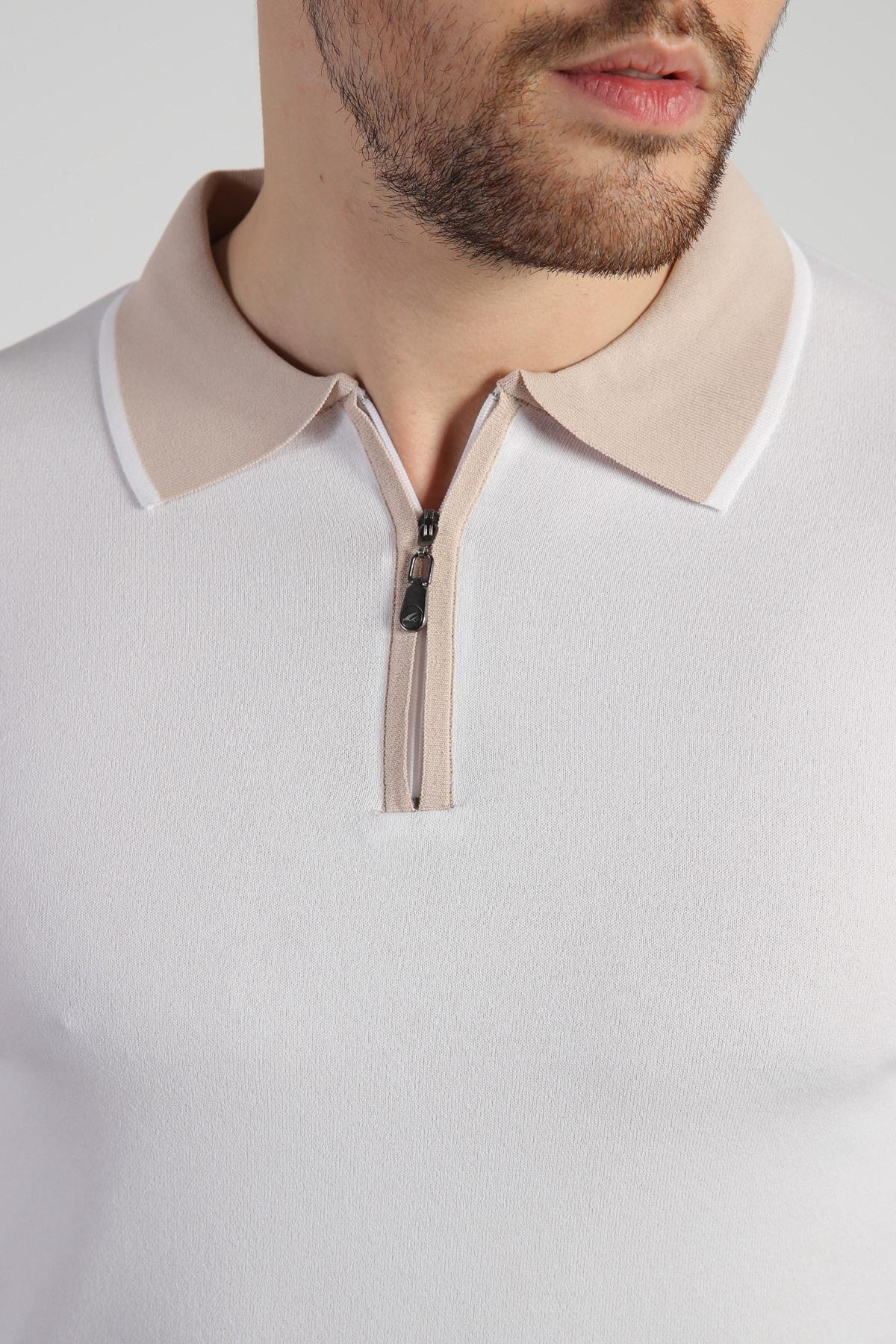Ferraro Beyaz Fermuarlı Polo Yaka Erkek Rayon Triko T-Shirt