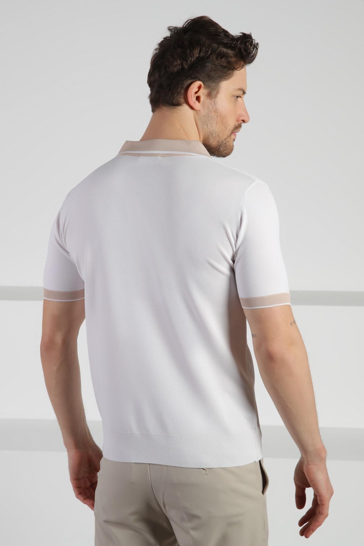 Ferraro Beyaz Fermuarlı Polo Yaka Erkek Rayon Triko T-Shirt