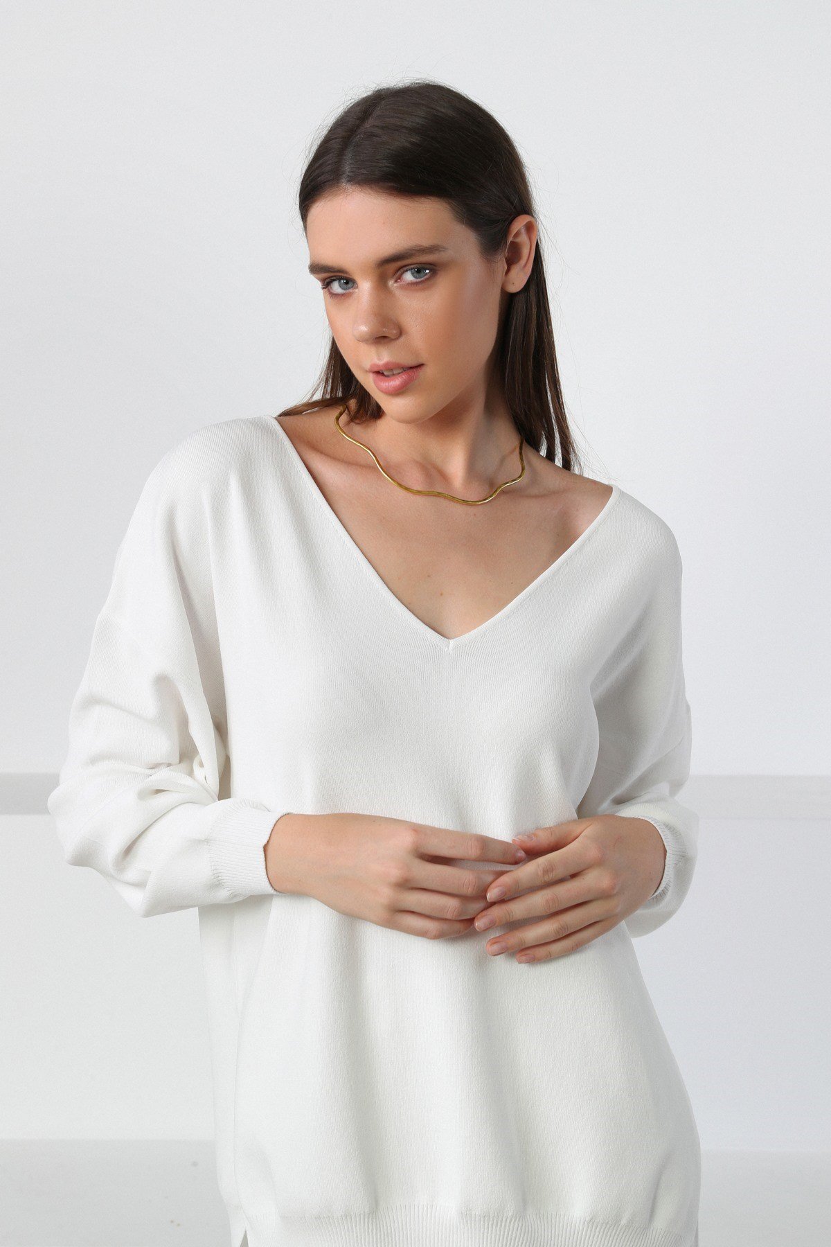 Ferraro Beyaz Midi Boy Pileli Kadın Triko Etek