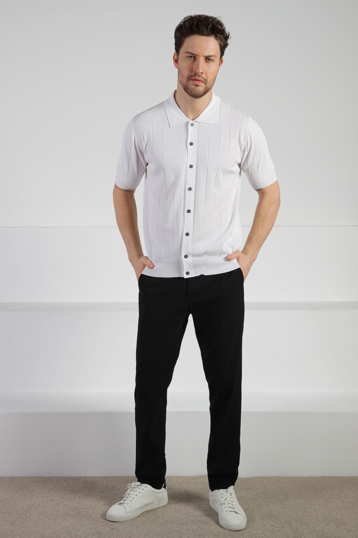 Ferraro Beyaz Önü Düğmeli Polo Yaka Erkek Rayon Triko T-Shirt