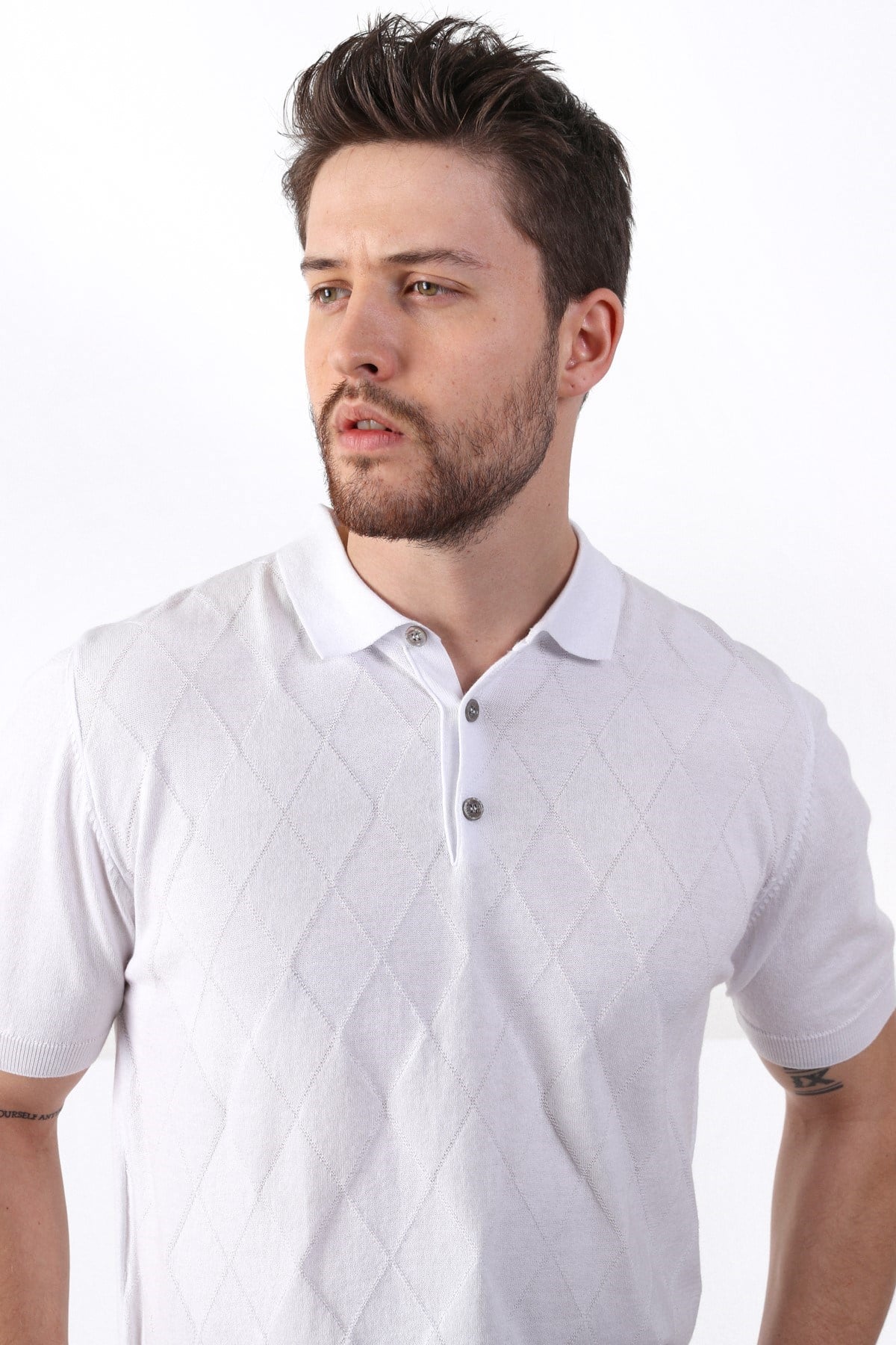 Ferraro Beyaz Polo Yaka Baklava Desen Erkek Pamuk Triko T-Shirt
