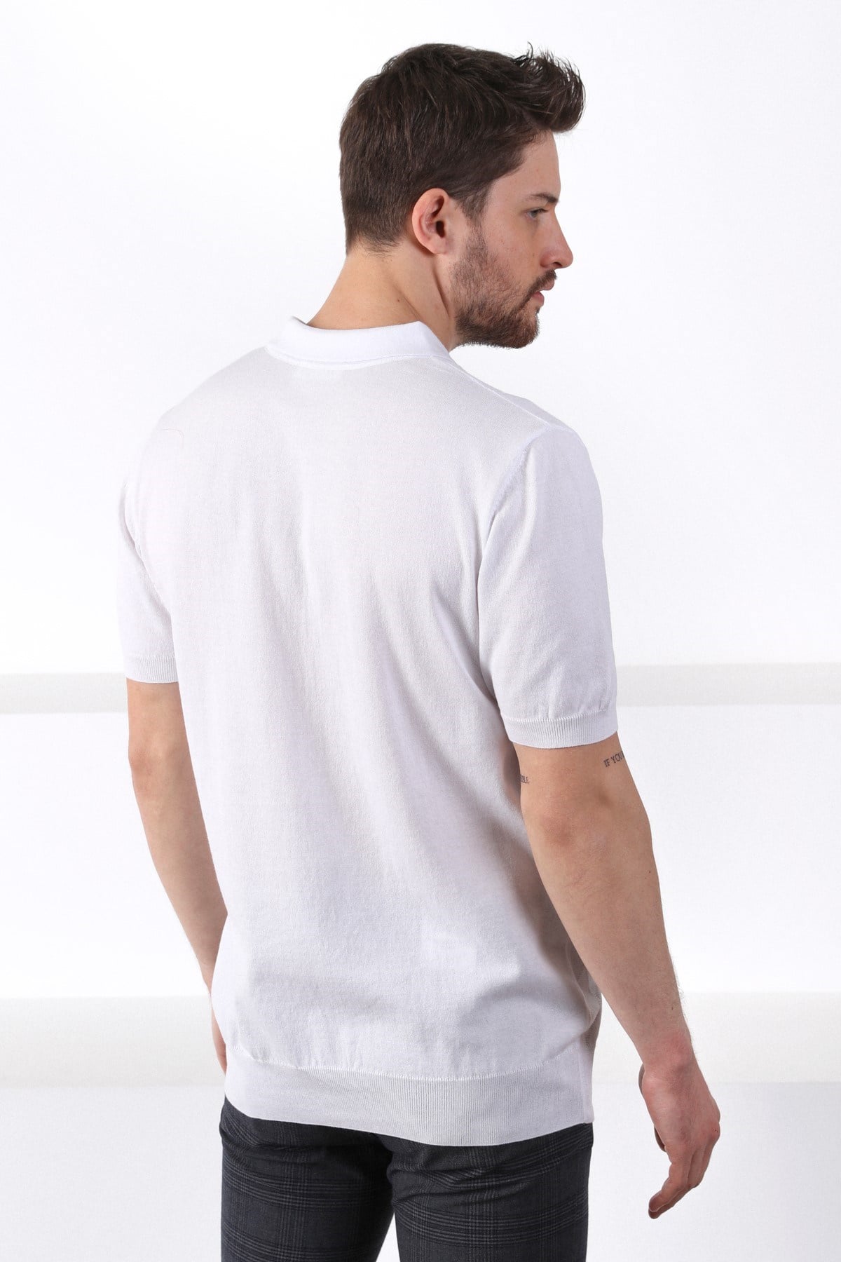 Ferraro Beyaz Polo Yaka Baklava Desen Erkek Pamuk Triko T-Shirt
