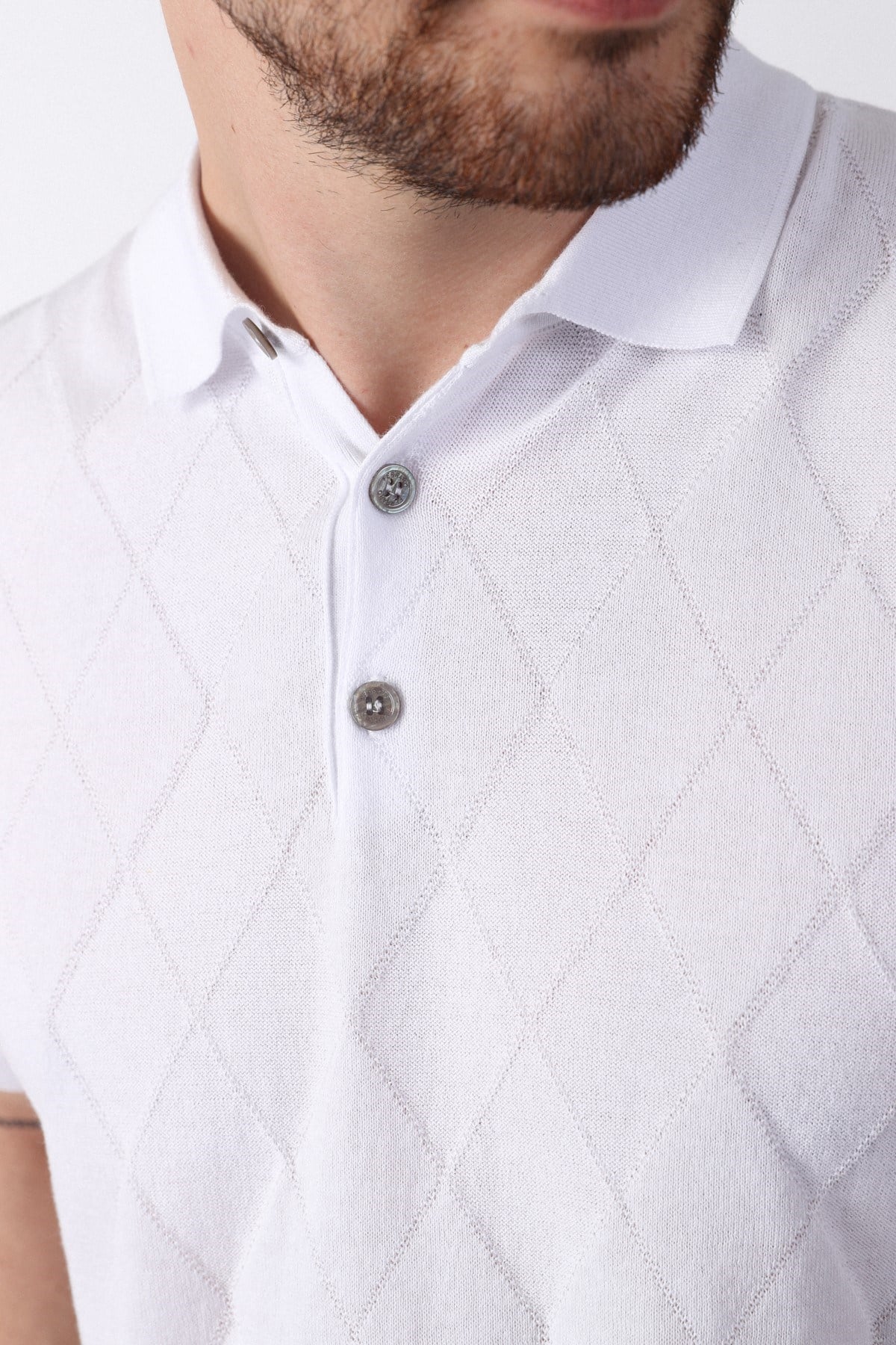 Ferraro Beyaz Polo Yaka Baklava Desen Erkek Pamuk Triko T-Shirt