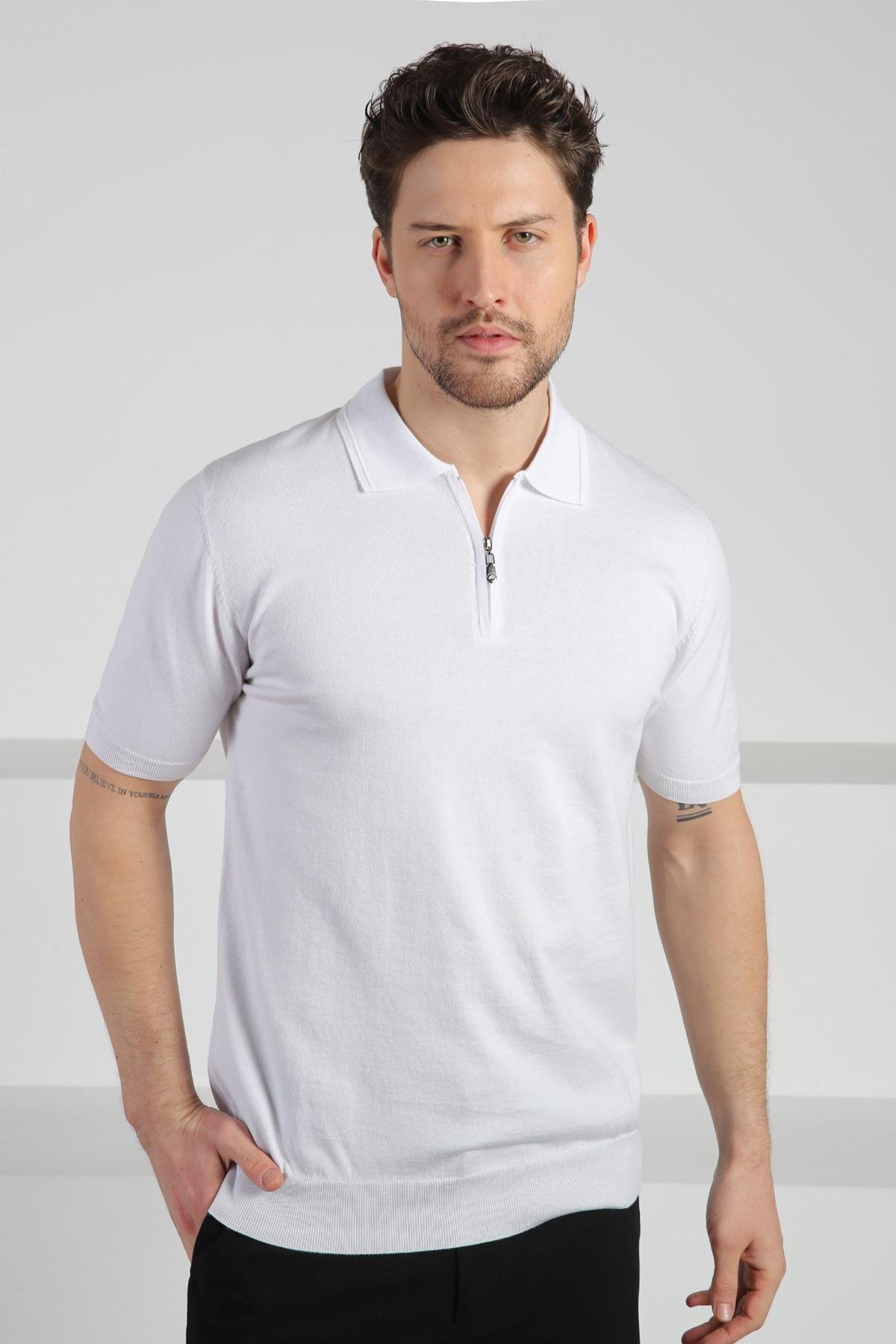 Ferraro Beyaz Polo Yaka Fermuarlı Erkek Pamuk Triko T-Shirt
