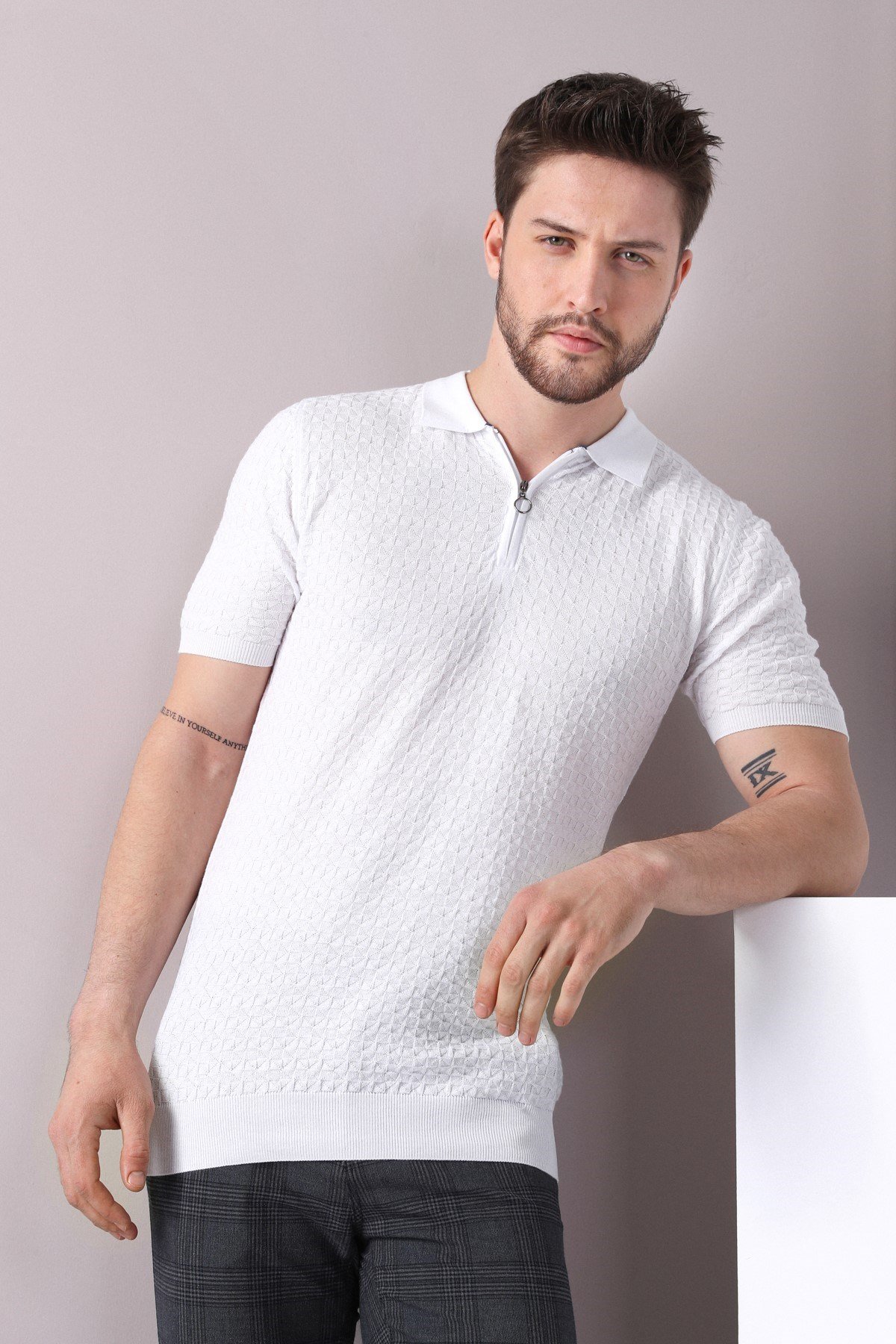 Ferraro Beyaz Polo Yaka Fermuarlı Erkek Pamuk Triko T-Shirt