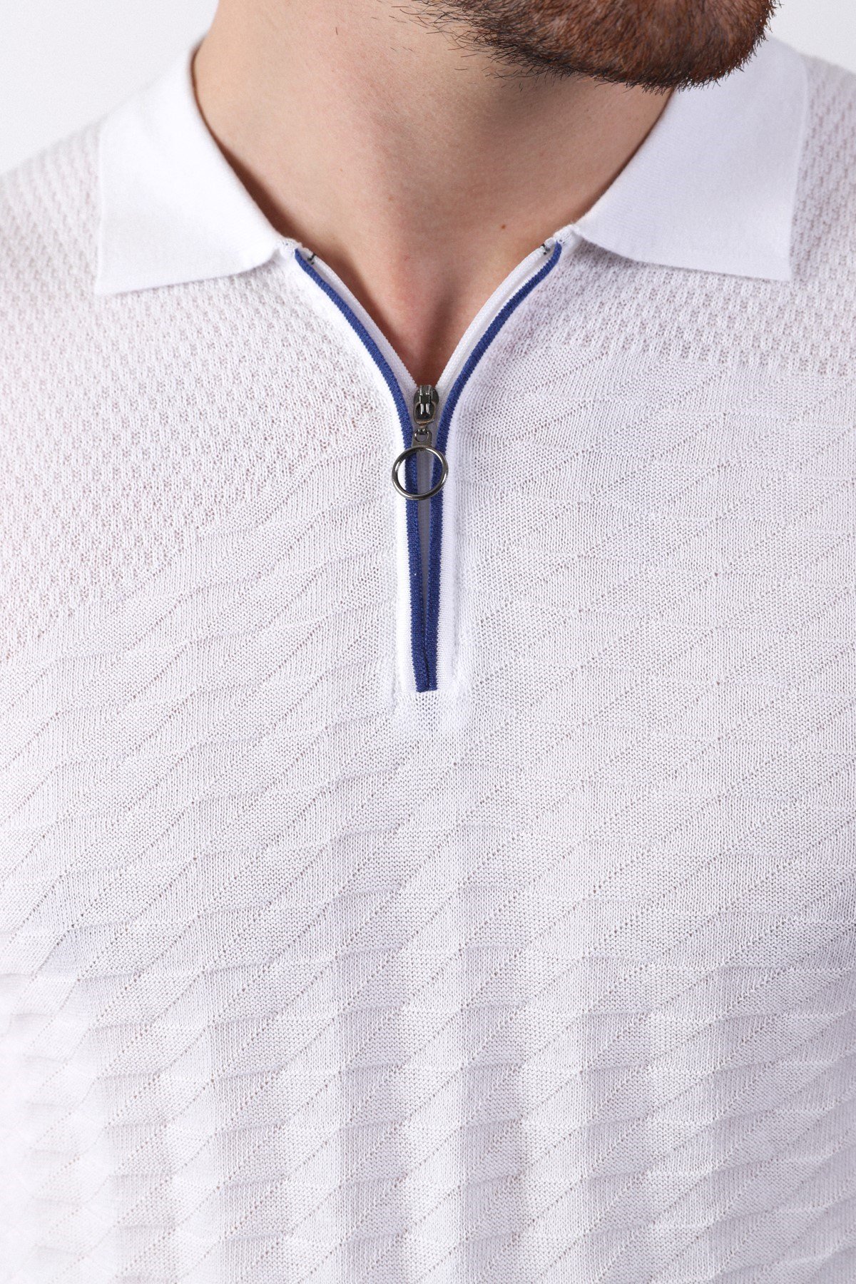 Ferraro Beyaz Polo Yaka Fermuarlı Erkek Pamuk Triko T-Shirt