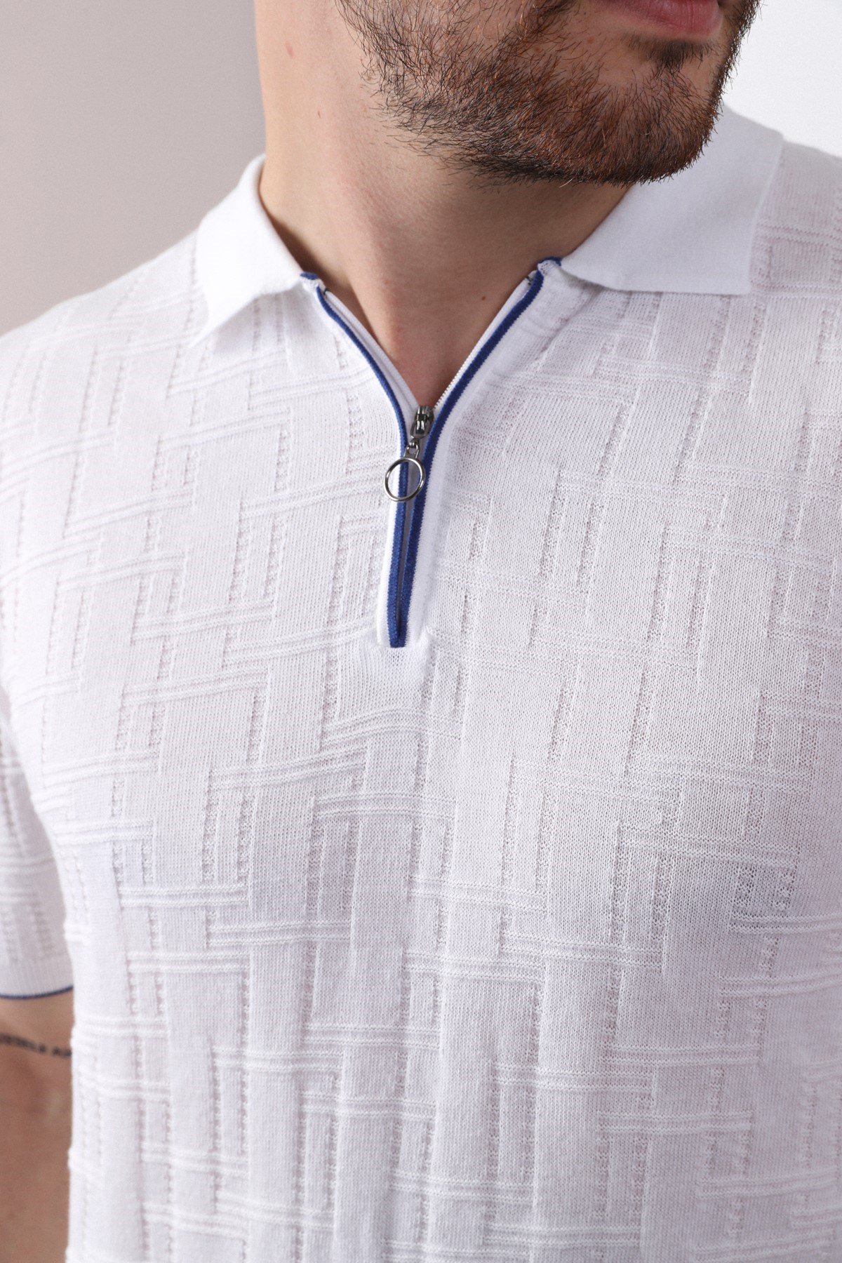 Ferraro Beyaz Polo Yaka Fermuarlı Erkek Pamuk Triko T-Shirt