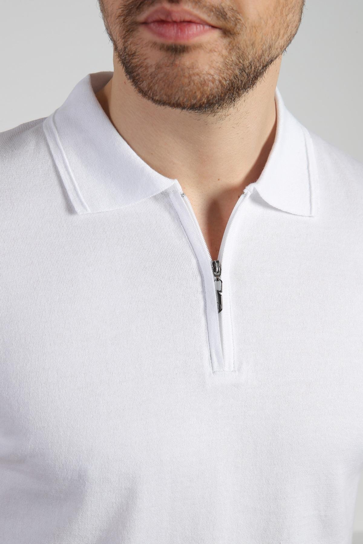 Ferraro Beyaz Polo Yaka Fermuarlı Erkek Pamuk Triko T-Shirt