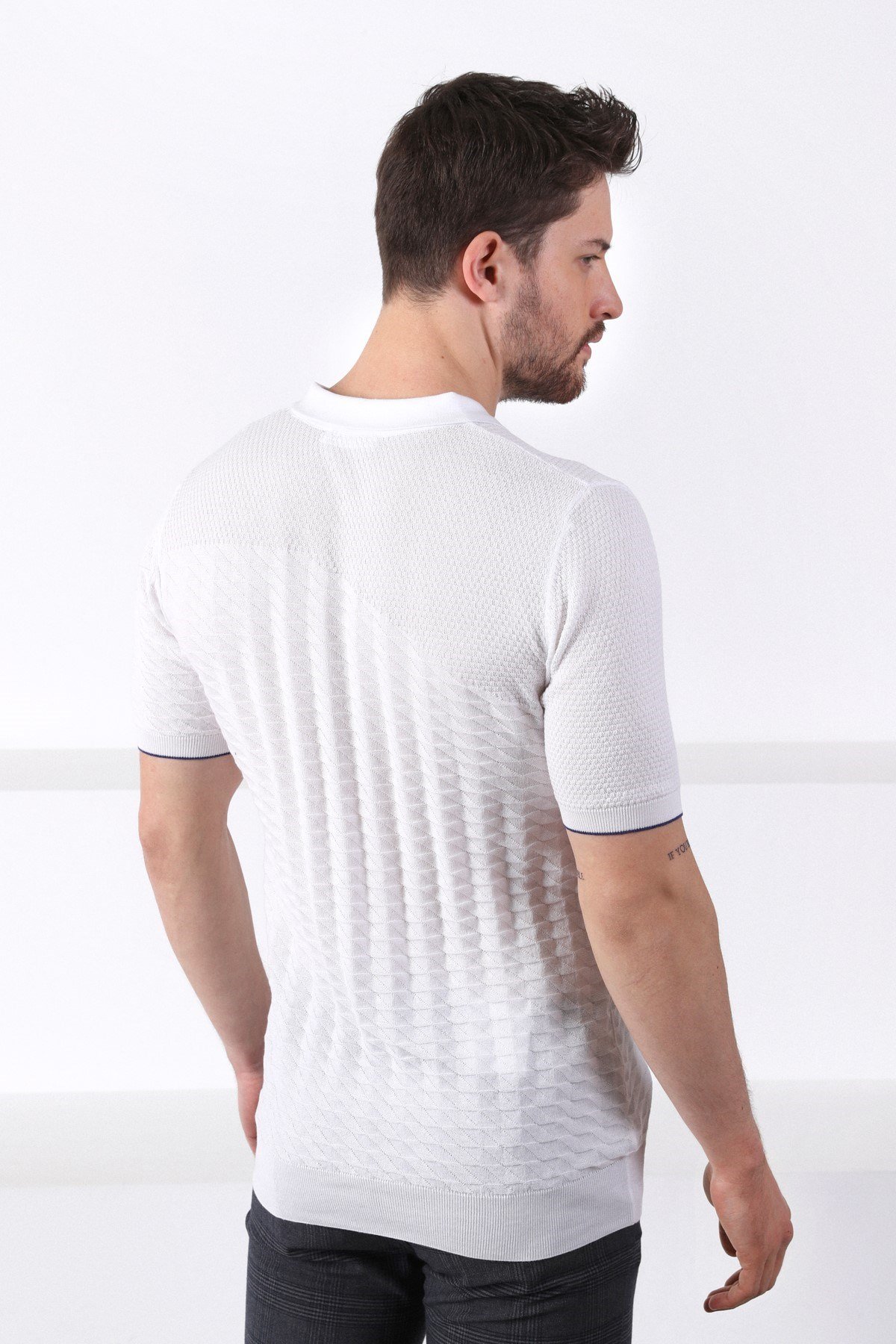 Ferraro Beyaz Polo Yaka Fermuarlı Erkek Pamuk Triko T-Shirt