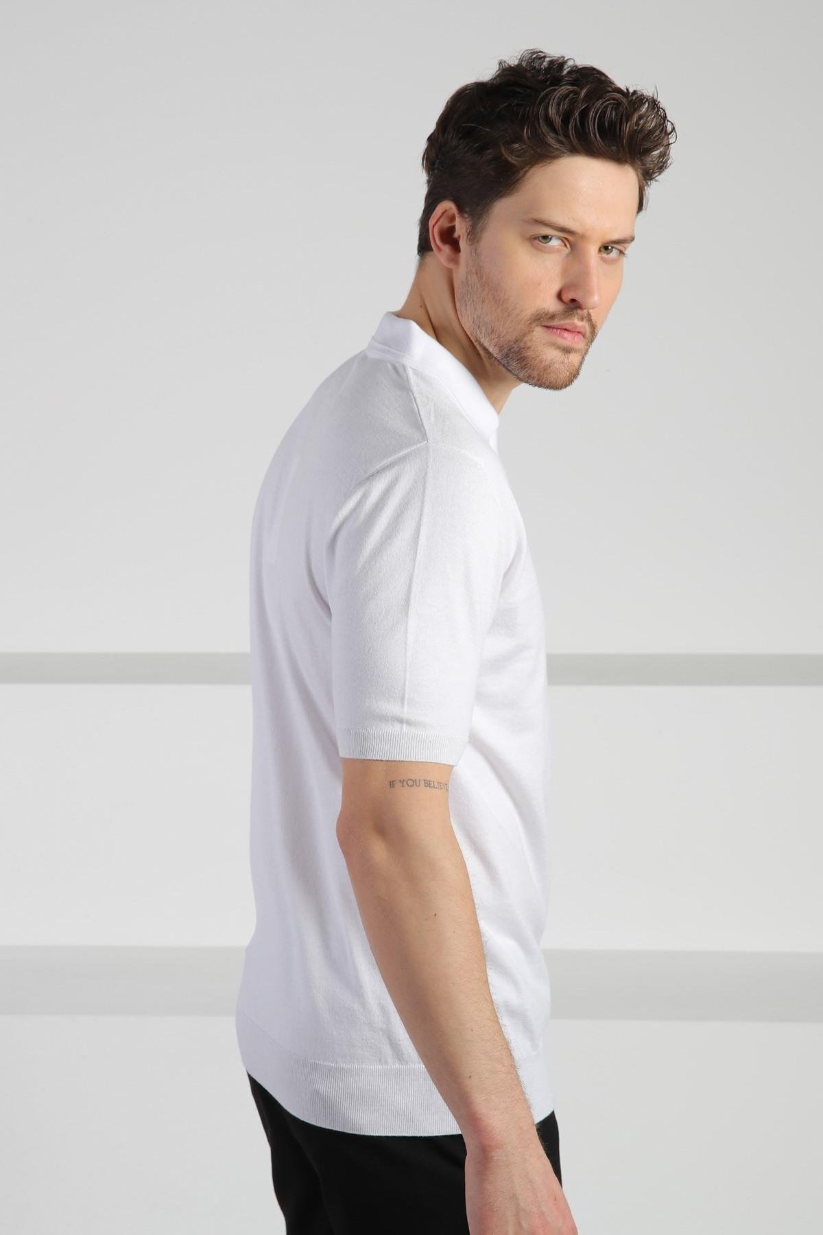 Ferraro Beyaz Polo Yaka Fermuarlı Erkek Pamuk Triko T-Shirt