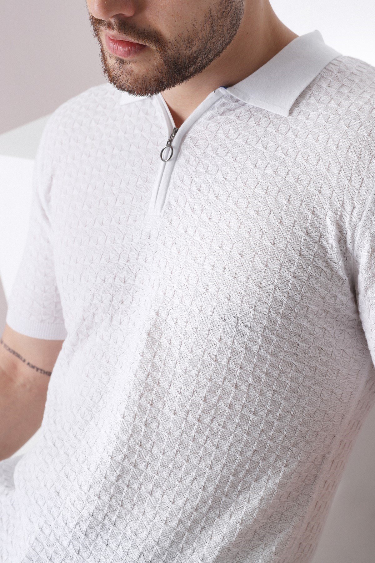 Ferraro Beyaz Polo Yaka Fermuarlı Erkek Pamuk Triko T-Shirt