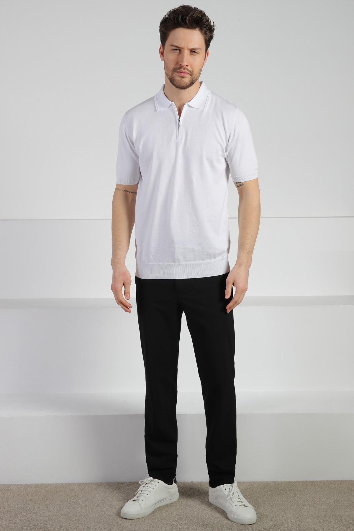 Ferraro Beyaz Polo Yaka Fermuarlı Erkek Pamuk Triko T-Shirt