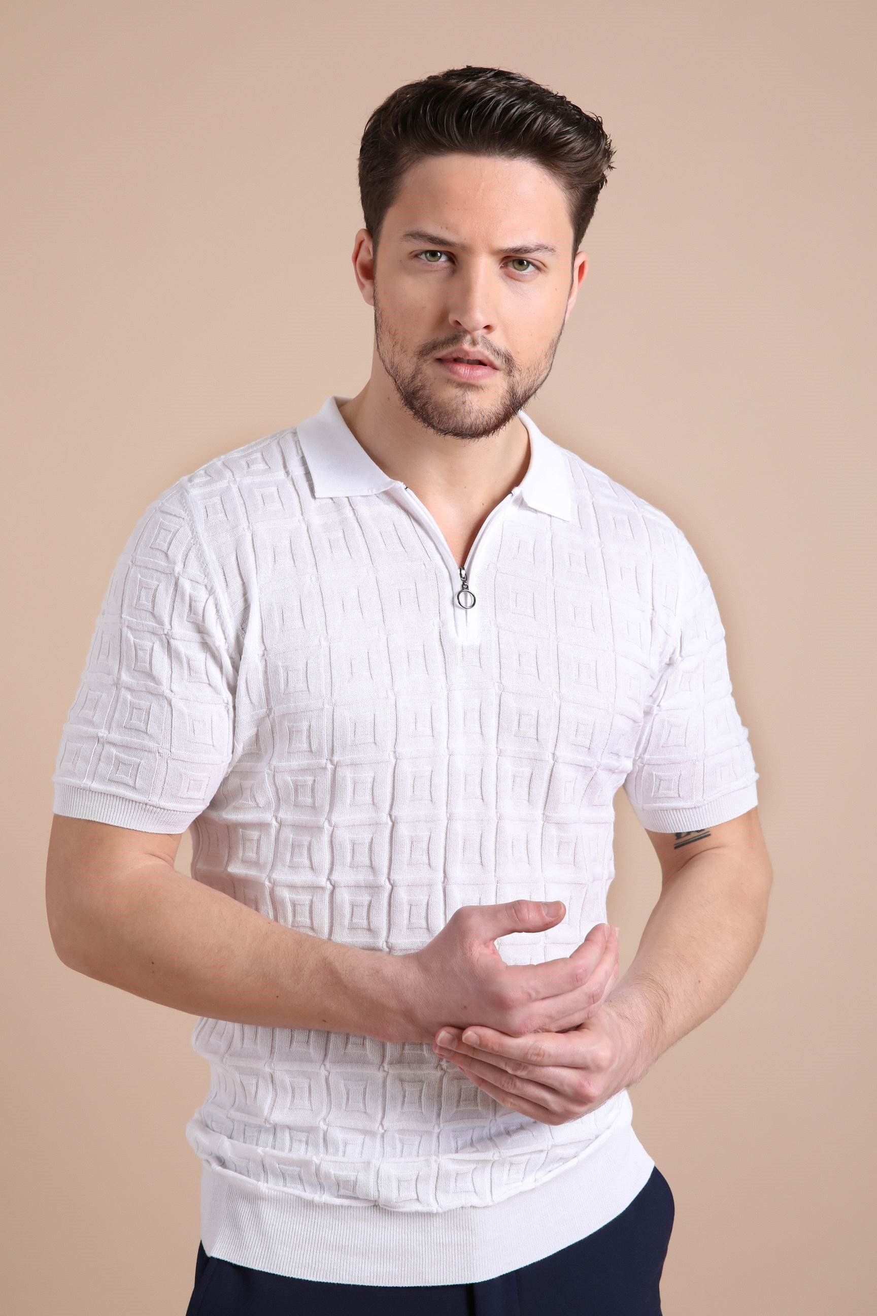 Ferraro Beyaz Polo Yaka Fermuarlı Erkek Pamuk Triko T-Shirt