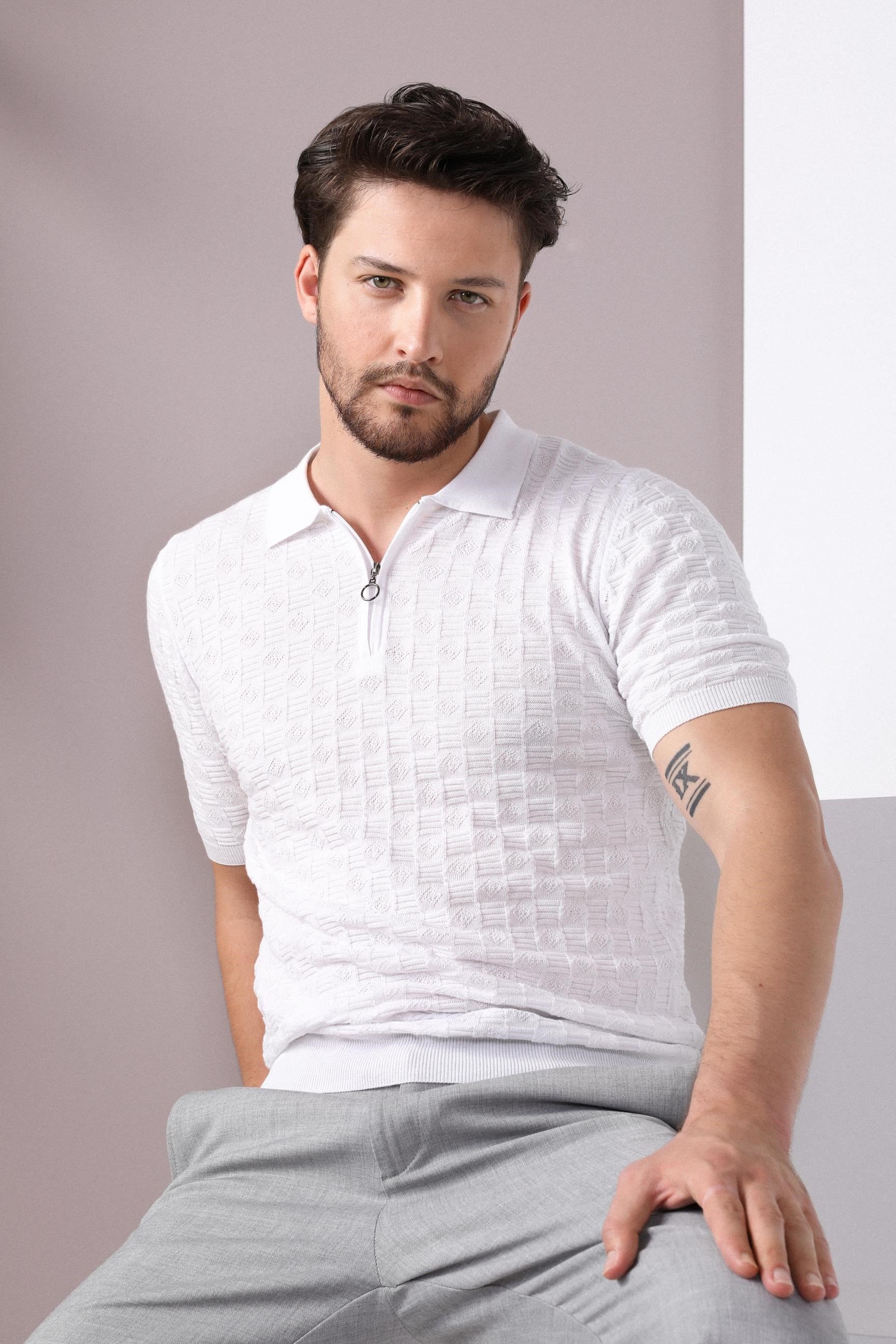 Ferraro Beyaz Polo Yaka Fermuarlı Erkek Pamuk Triko T-Shirt