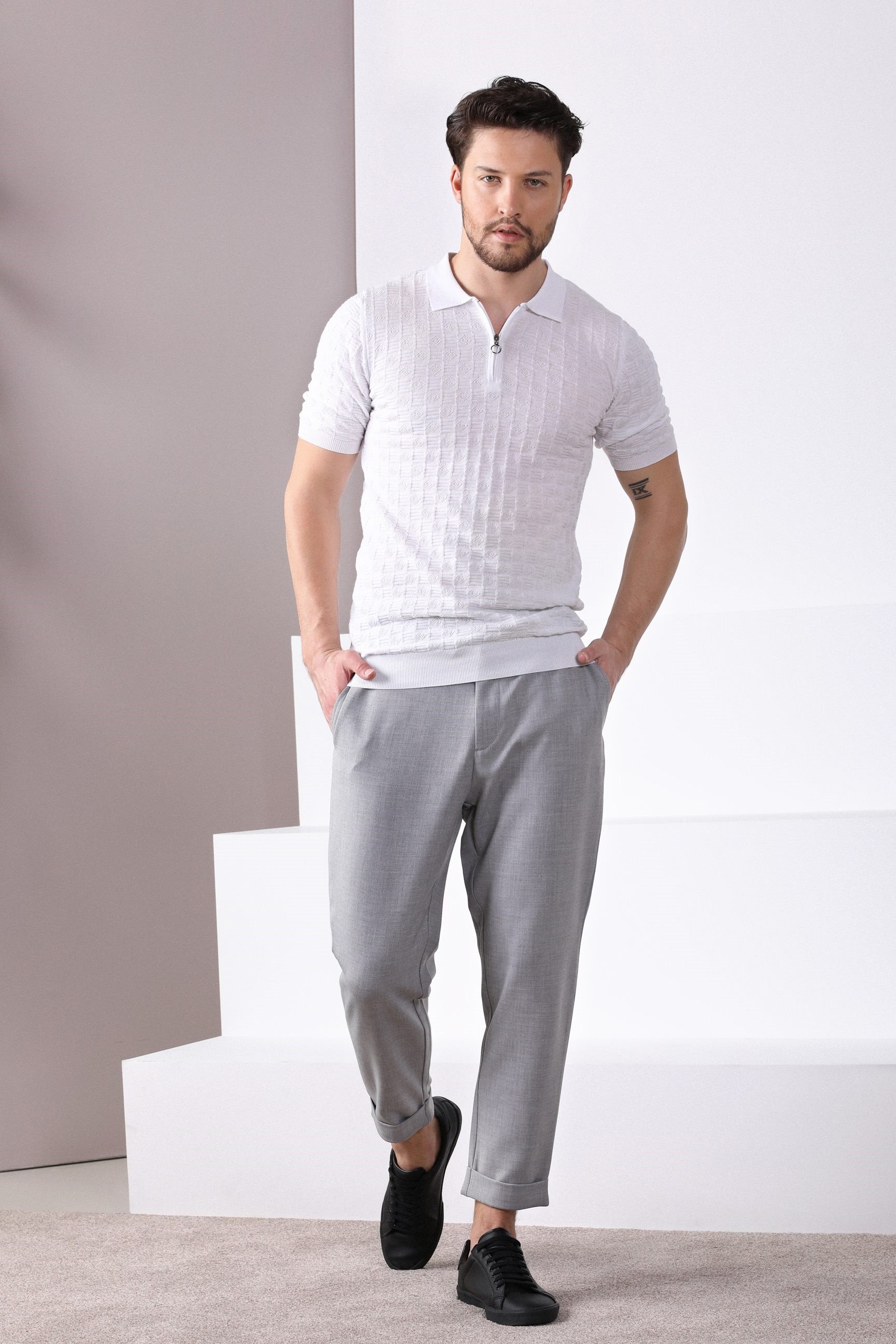 Ferraro Beyaz Polo Yaka Fermuarlı Erkek Pamuk Triko T-Shirt