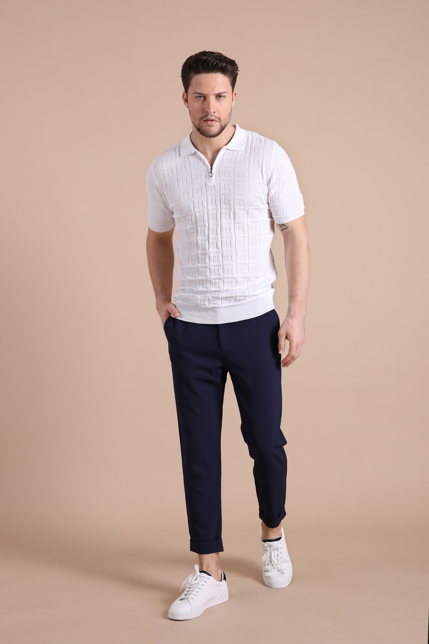 Ferraro Beyaz Polo Yaka Fermuarlı Erkek Pamuk Triko T-Shirt