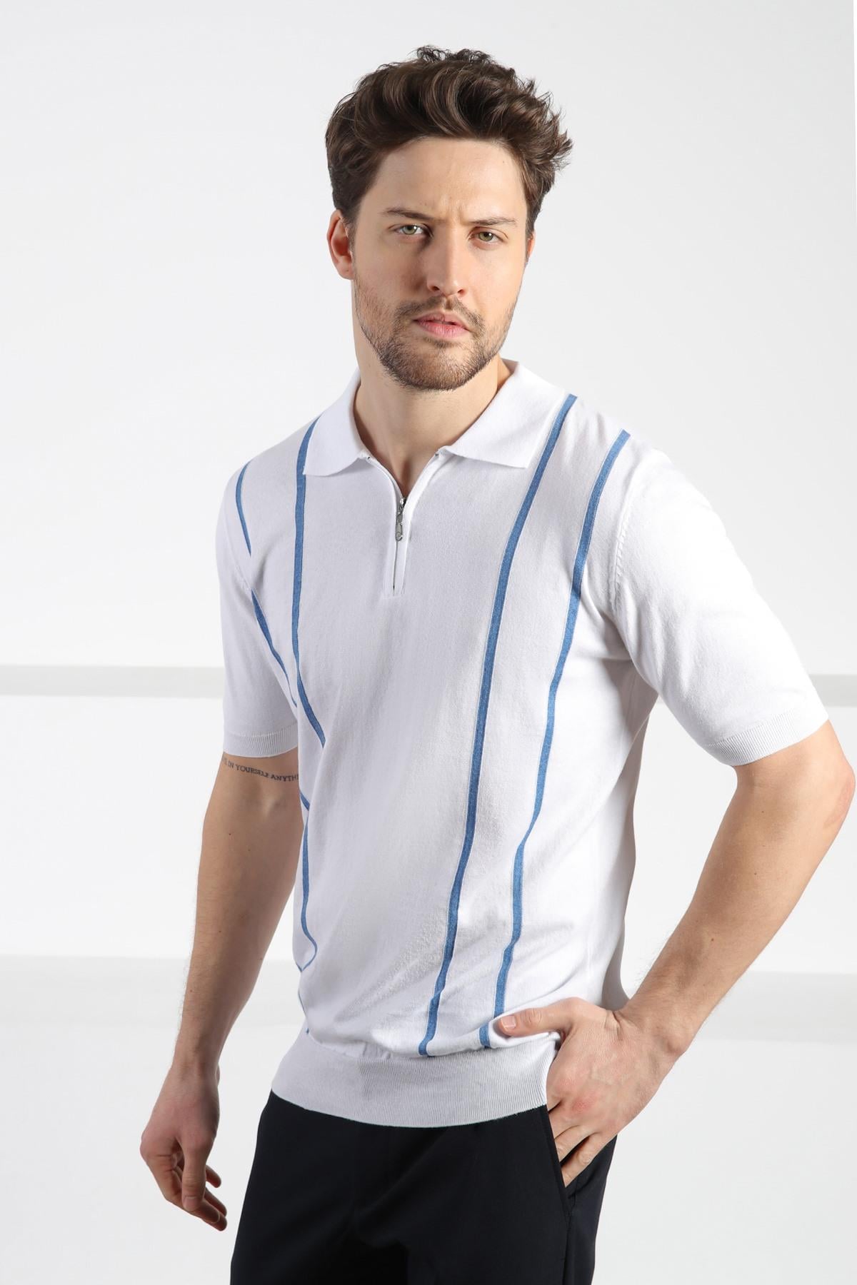 Ferraro Beyaz/A.Havacı Fermuarlı Polo Yaka %100 Pamuk Erkek Triko T-Shirt