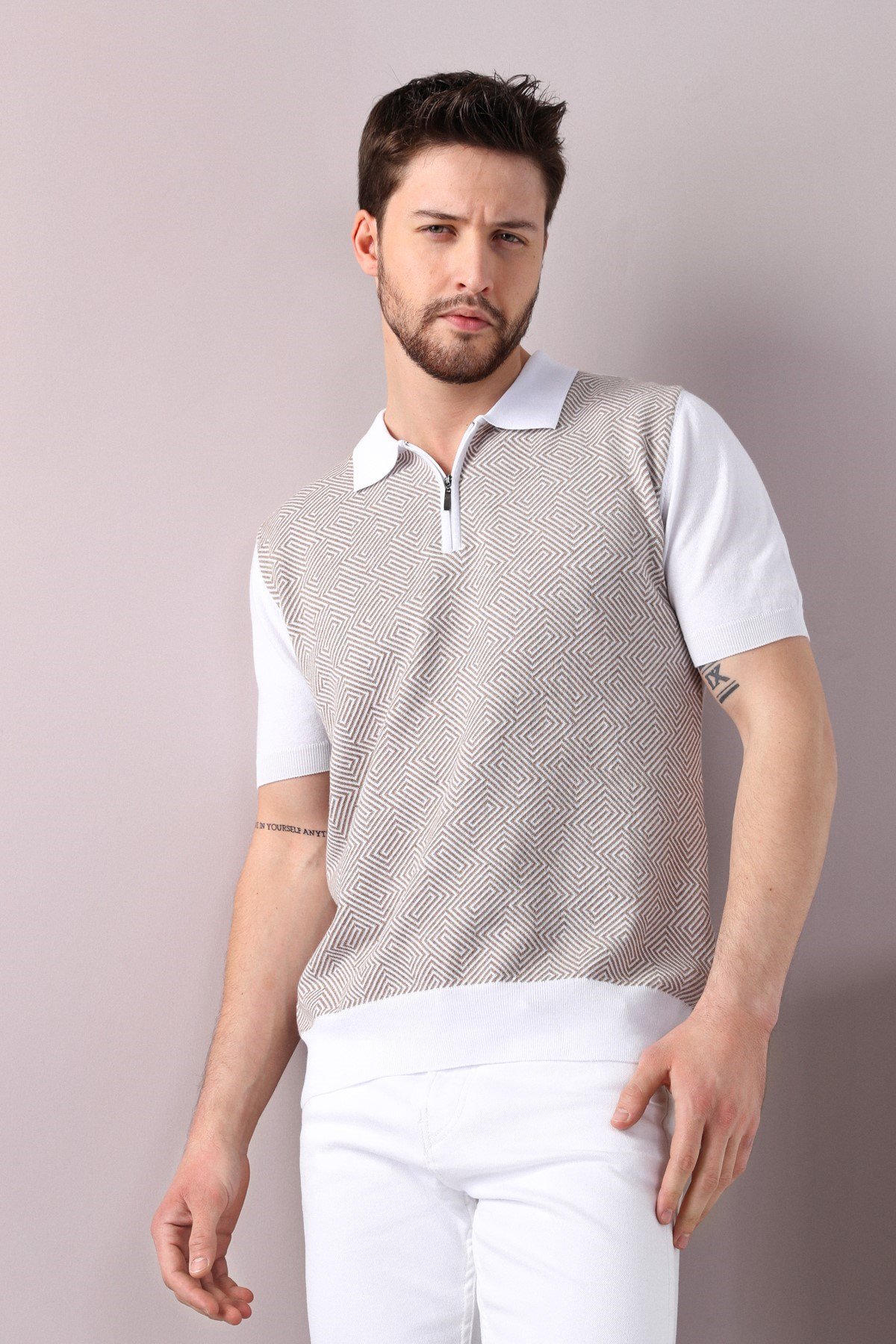 Ferraro Beyaz/Bej Polo Yaka Desenli Erkek Pamuk Triko T-Shirt
