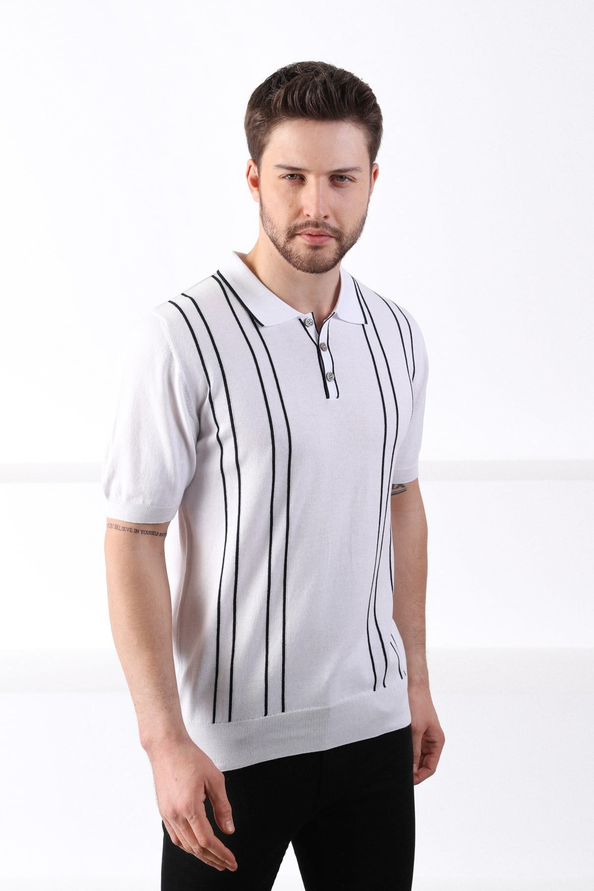 Ferraro Beyaz/Laci Polo Yaka Dik Çizgili Erkek Pamuk Triko T-Shirt