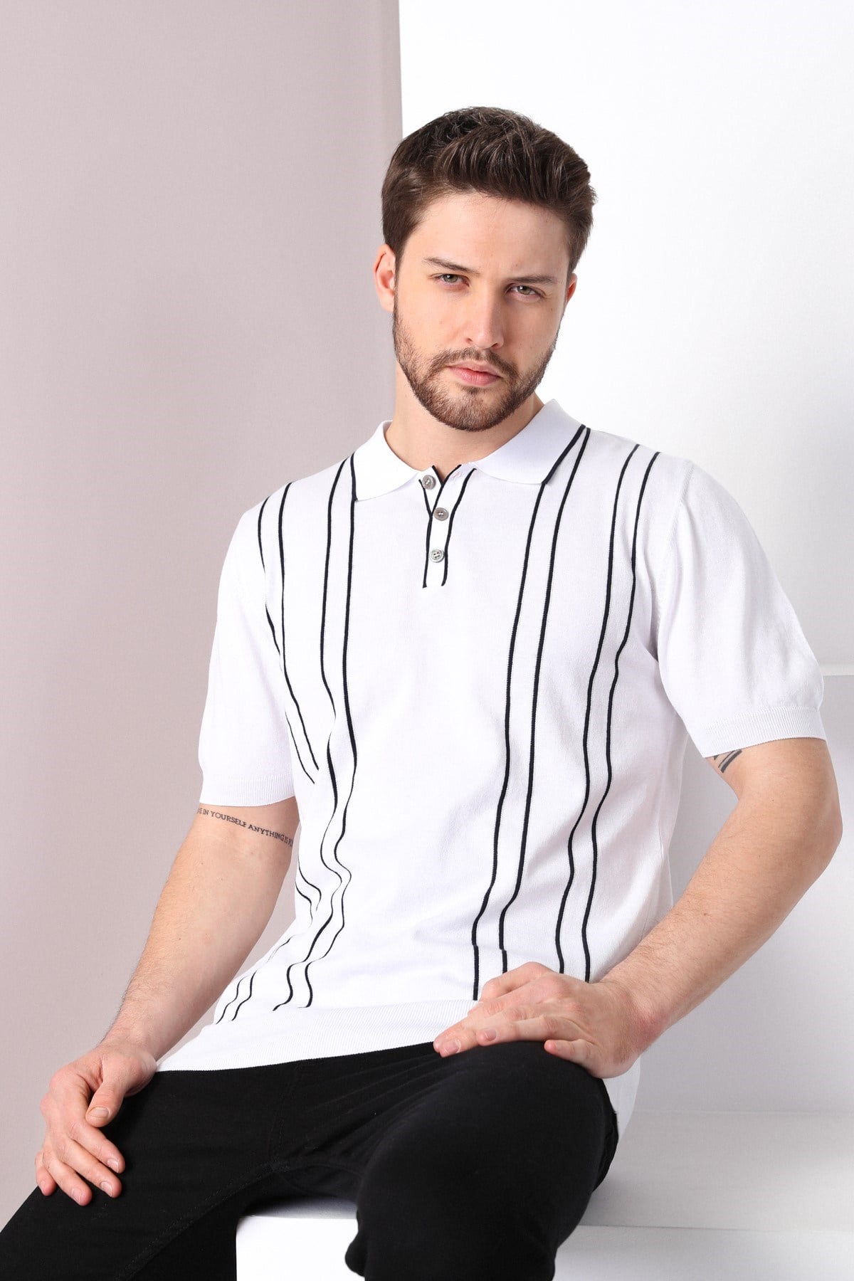Ferraro Beyaz/Laci Polo Yaka Dik Çizgili Erkek Pamuk Triko T-Shirt