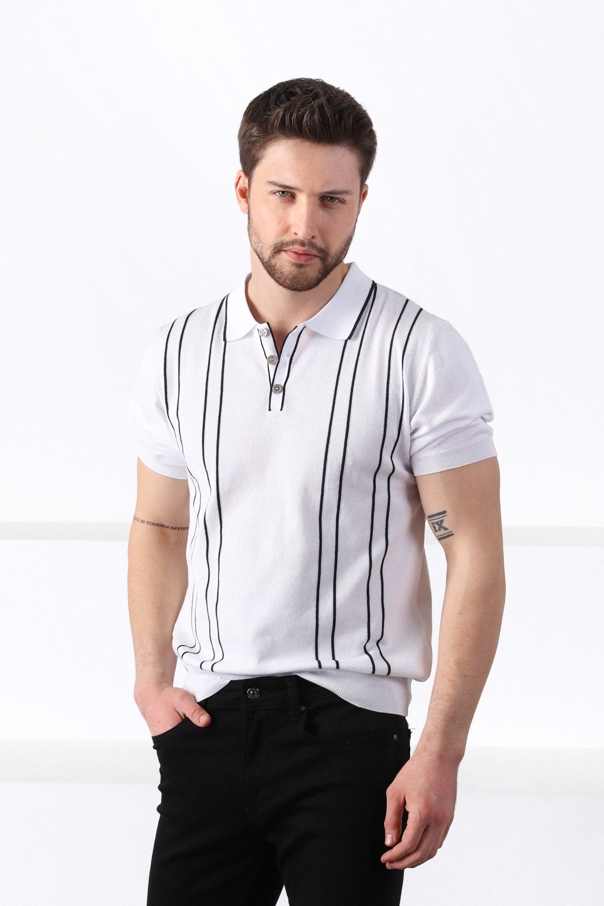 Ferraro Beyaz/Laci Polo Yaka Dik Çizgili Erkek Pamuk Triko T-Shirt
