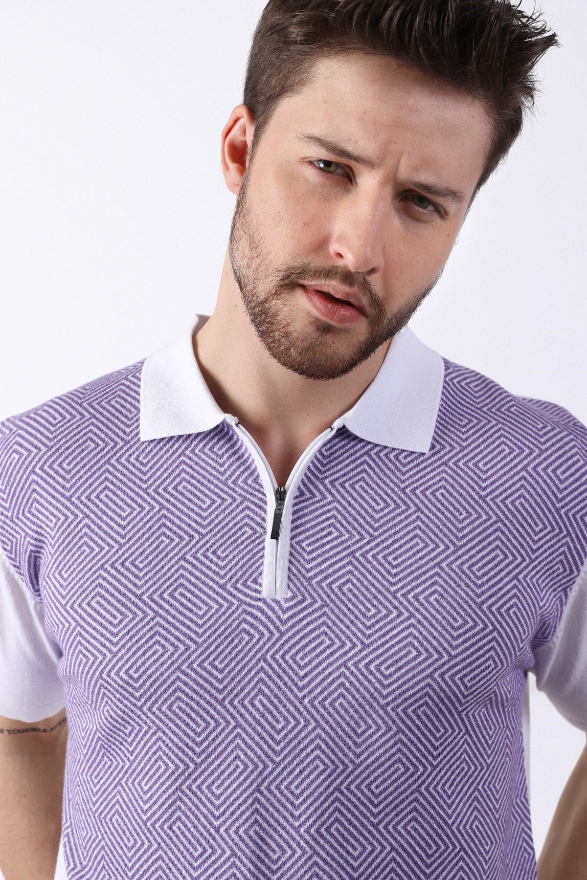 Ferraro Beyaz/Petunia Polo Yaka Desenli Erkek Pamuk Triko T-Shirt