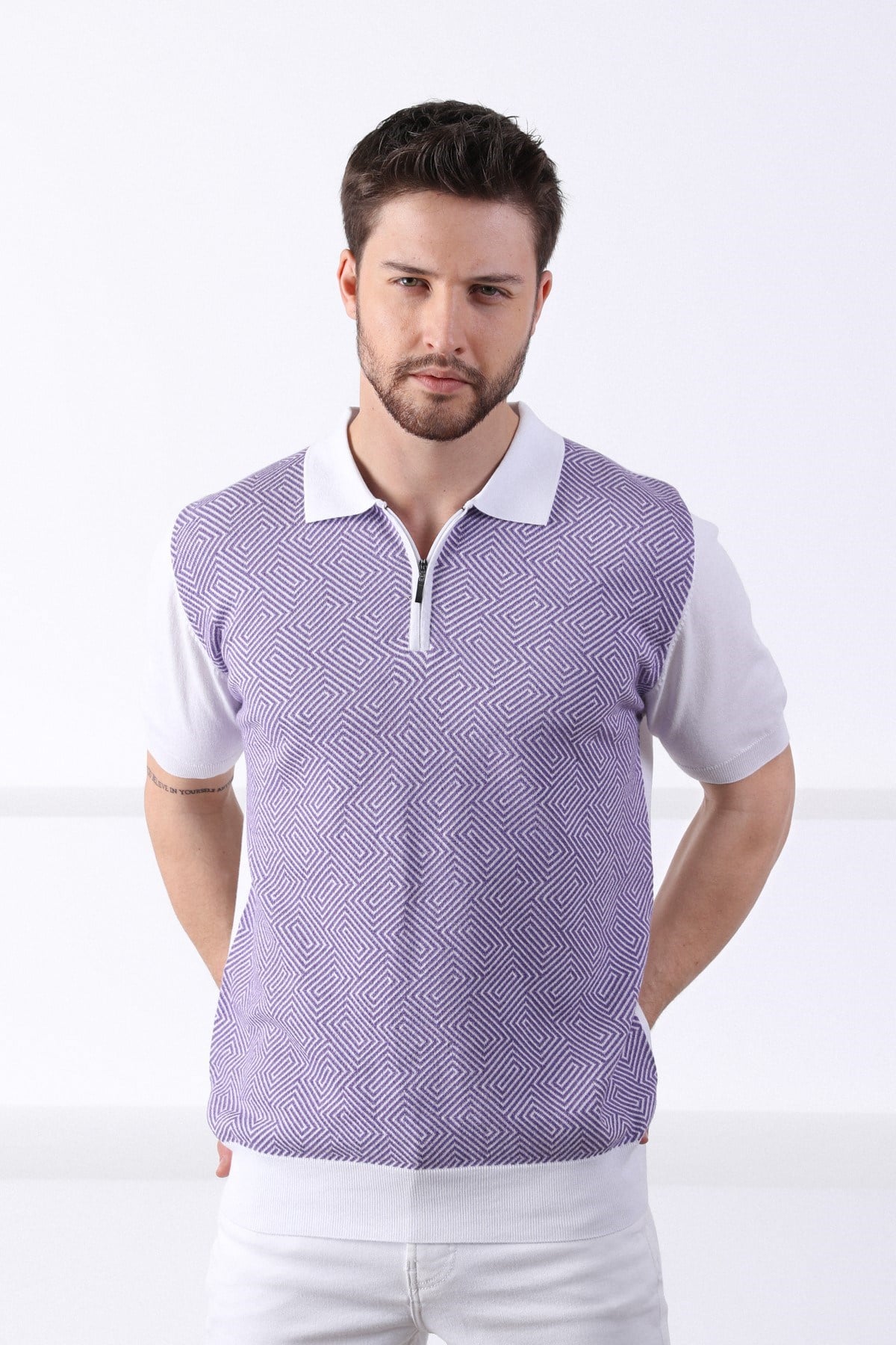 Ferraro Beyaz/Petunia Polo Yaka Desenli Erkek Pamuk Triko T-Shirt