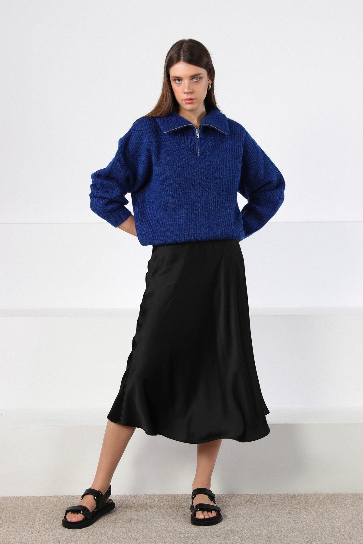 Ferraro Blue Fermuarlı Yarım Balıkçı Yaka Kadın Triko Kazak