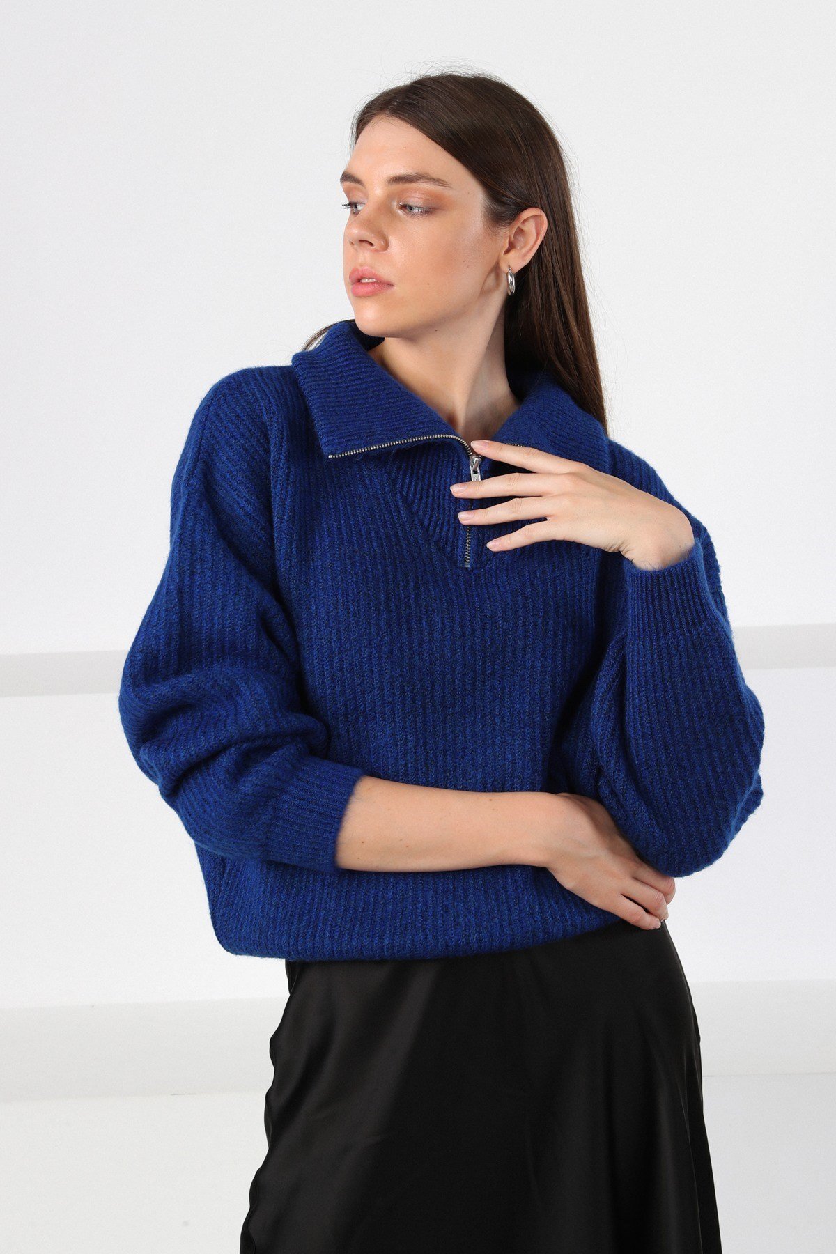 Ferraro Blue Fermuarlı Yarım Balıkçı Yaka Kadın Triko Kazak