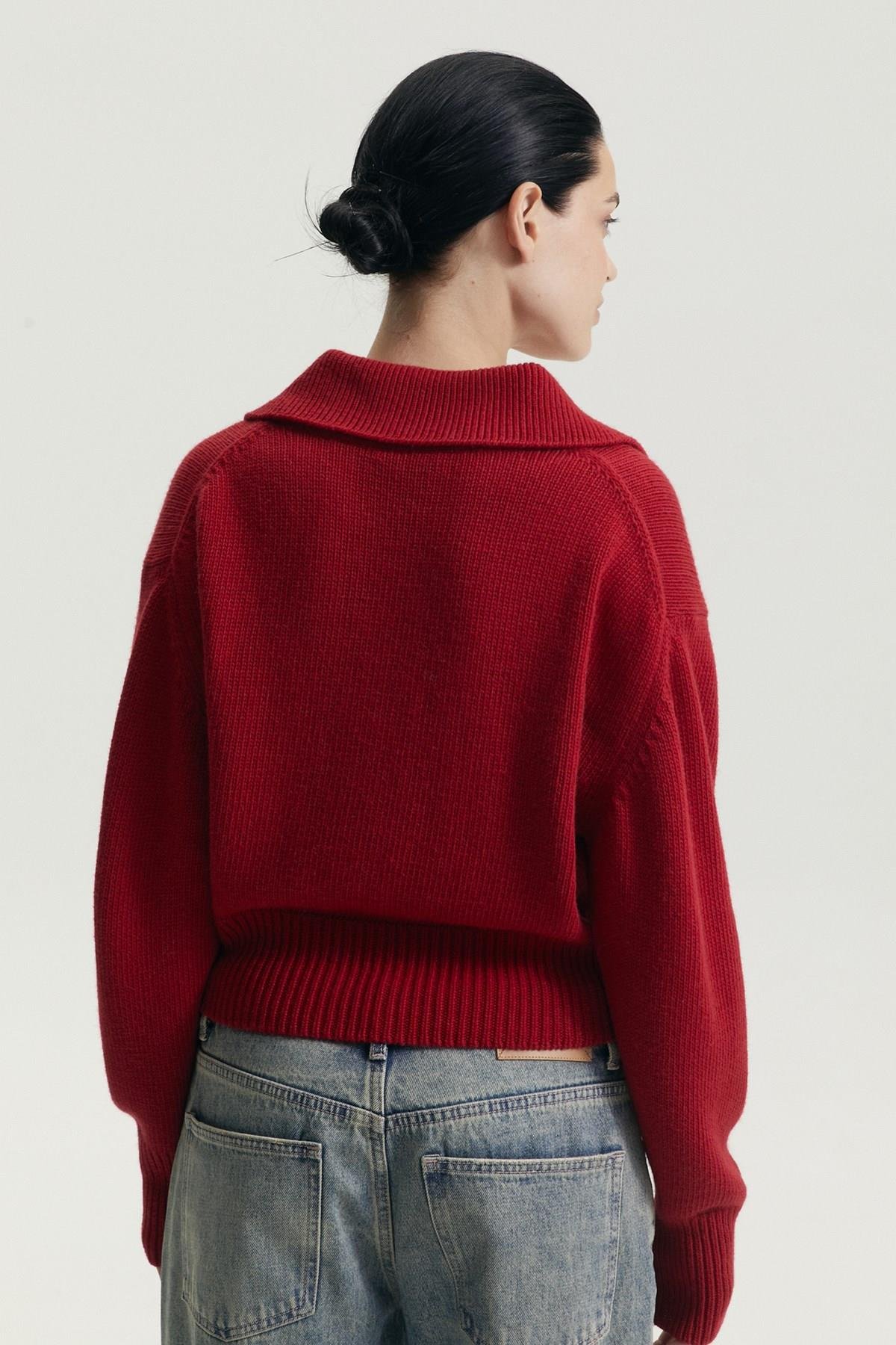 Ferraro Bordo Gömlek Yaka Kadın Triko Kazak