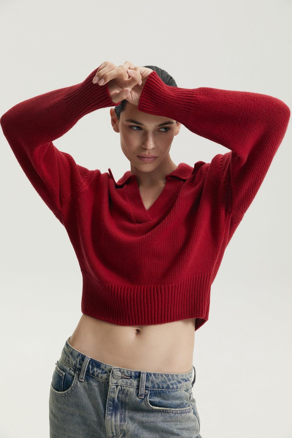 Ferraro Bordo Gömlek Yaka Kadın Triko Kazak