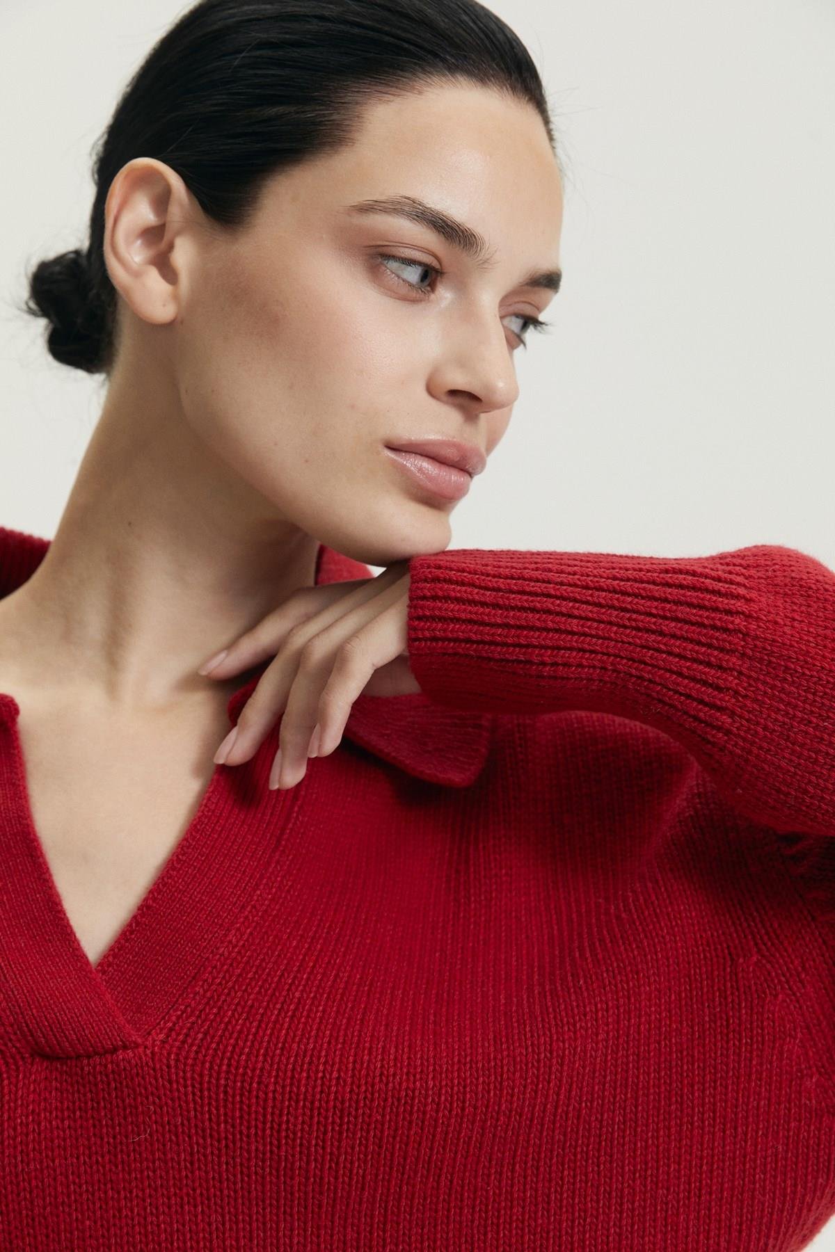 Ferraro Bordo Gömlek Yaka Kadın Triko Kazak