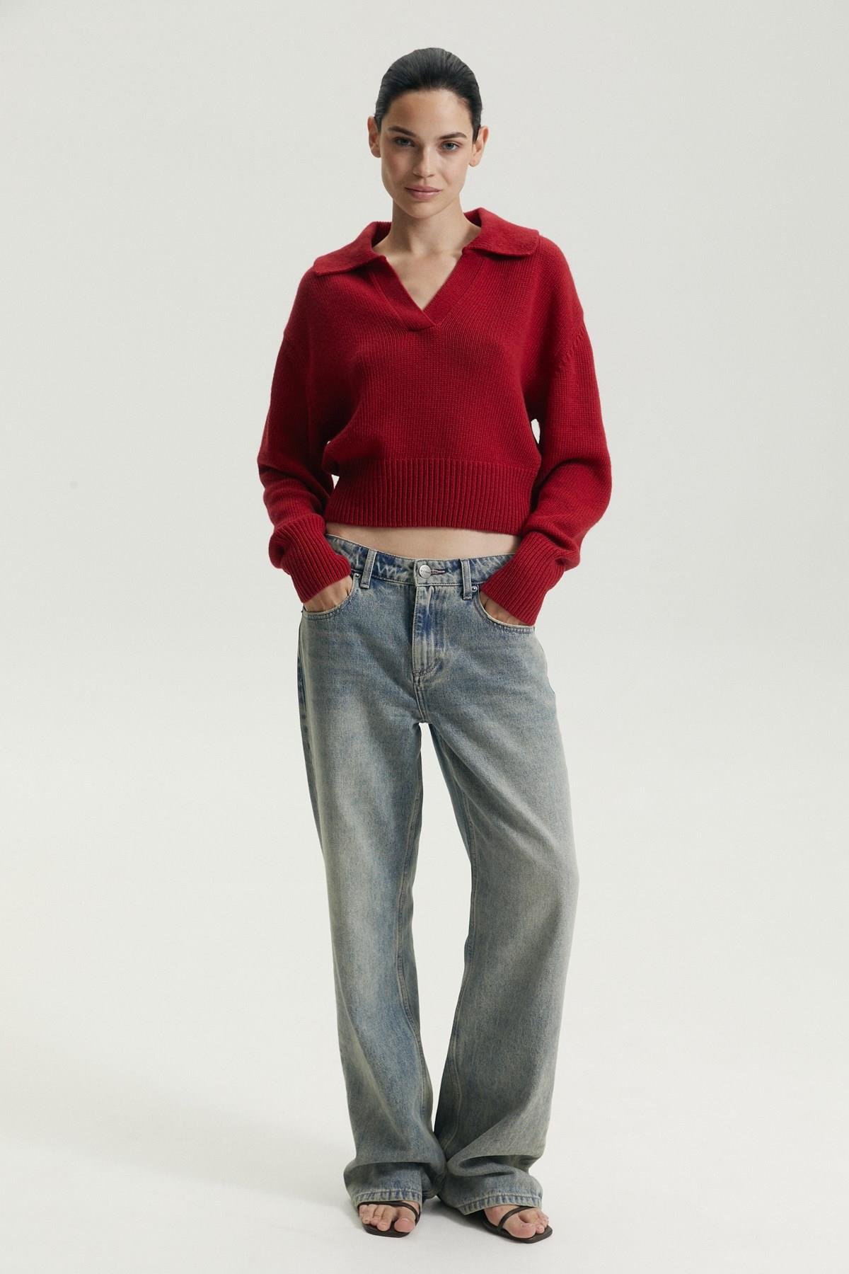 Ferraro Bordo Gömlek Yaka Kadın Triko Kazak