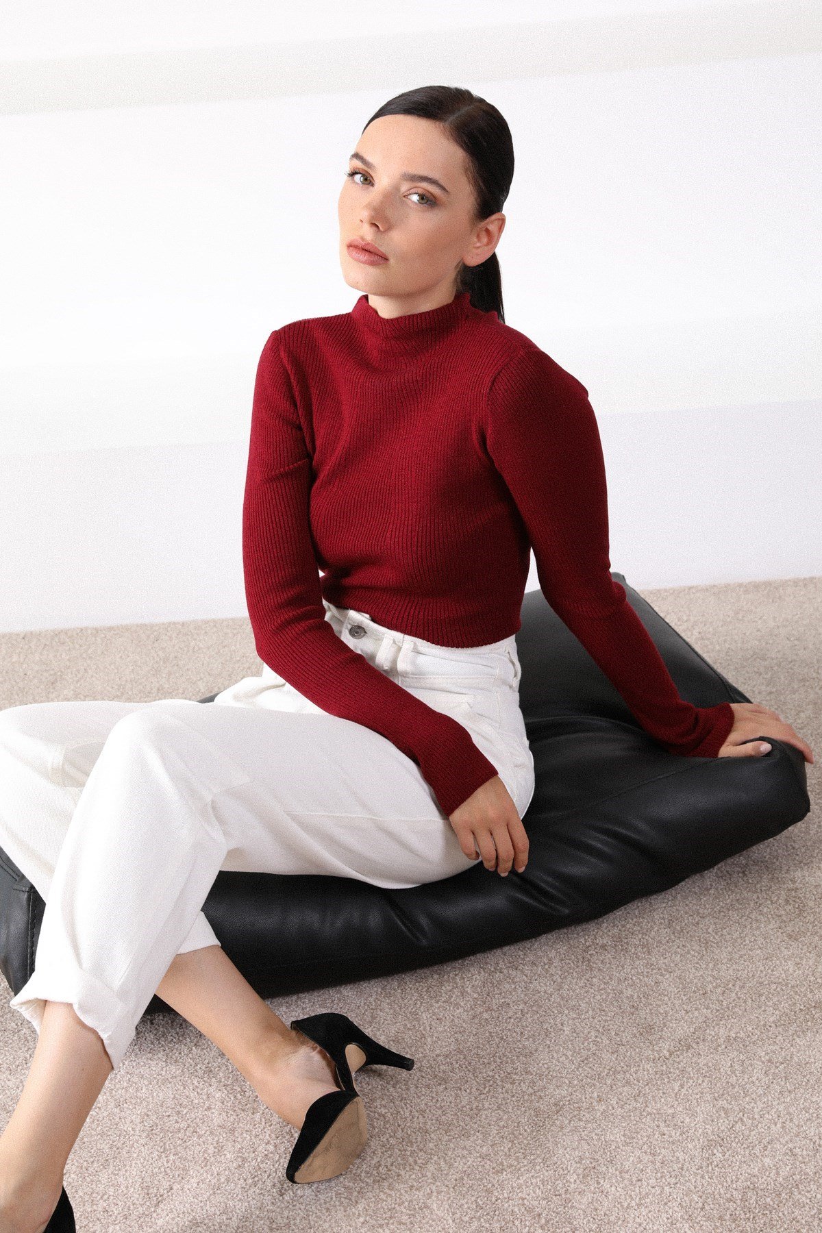 Ferraro Bordo Modern Yaka Uzun Kol Kadın Triko Kazak