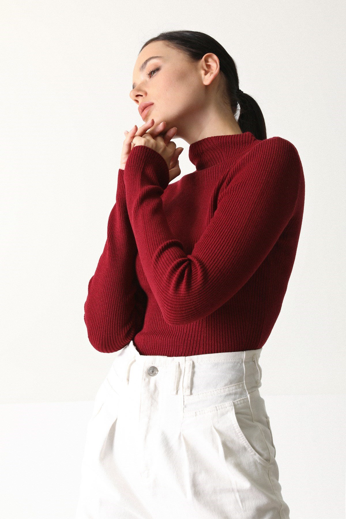 Ferraro Bordo Modern Yaka Uzun Kol Kadın Triko Kazak