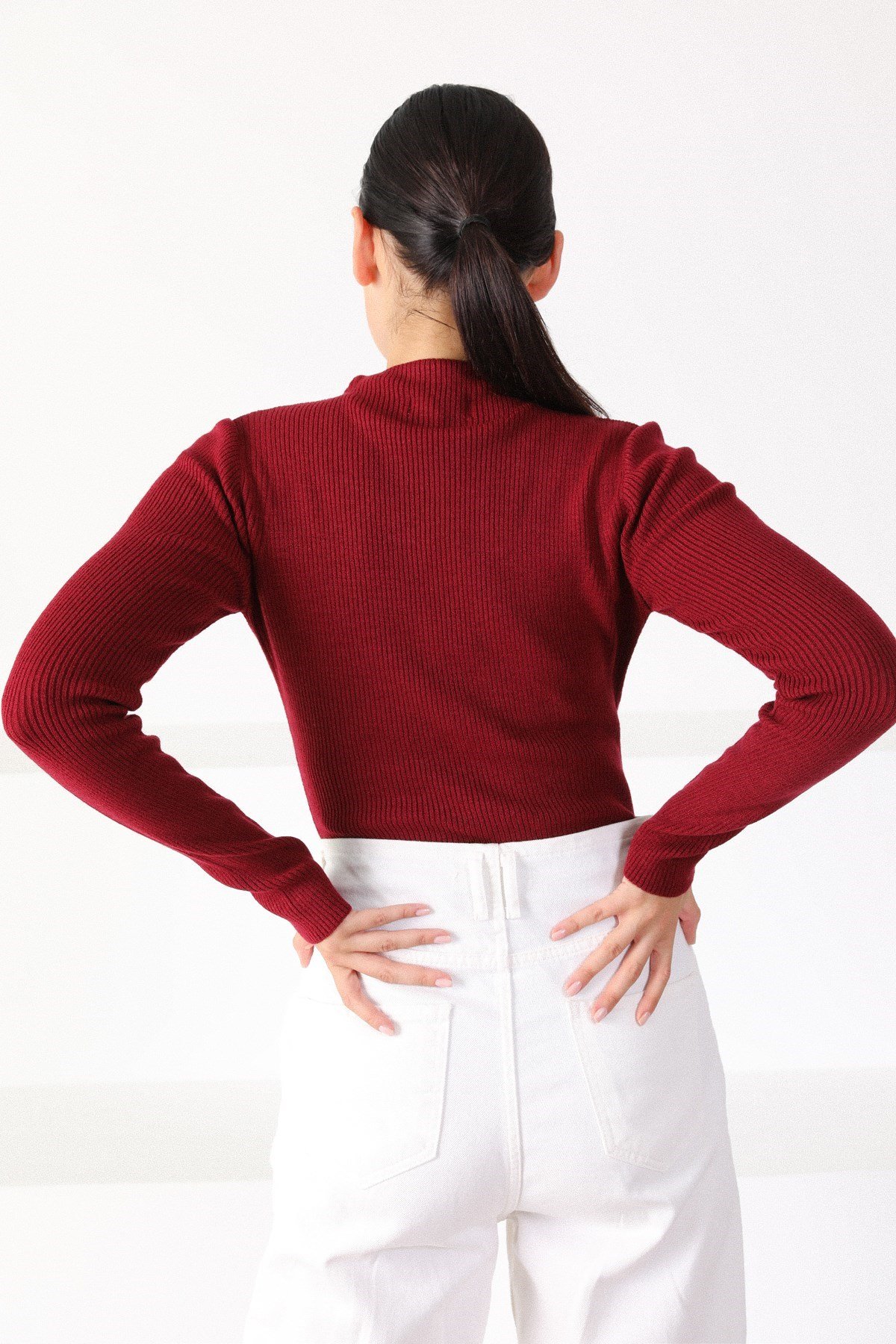 Ferraro Bordo Modern Yaka Uzun Kol Kadın Triko Kazak