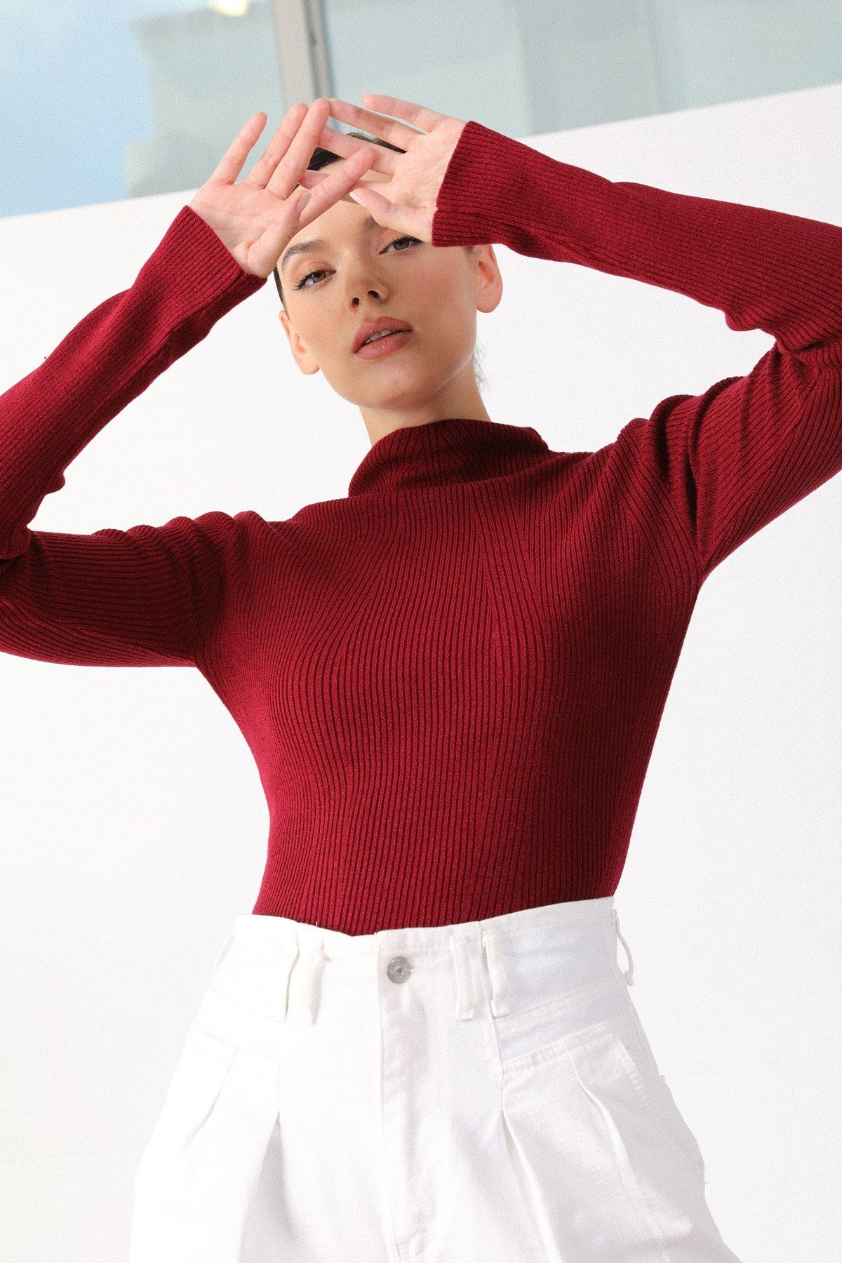 Ferraro Bordo Modern Yaka Uzun Kol Kadın Triko Kazak