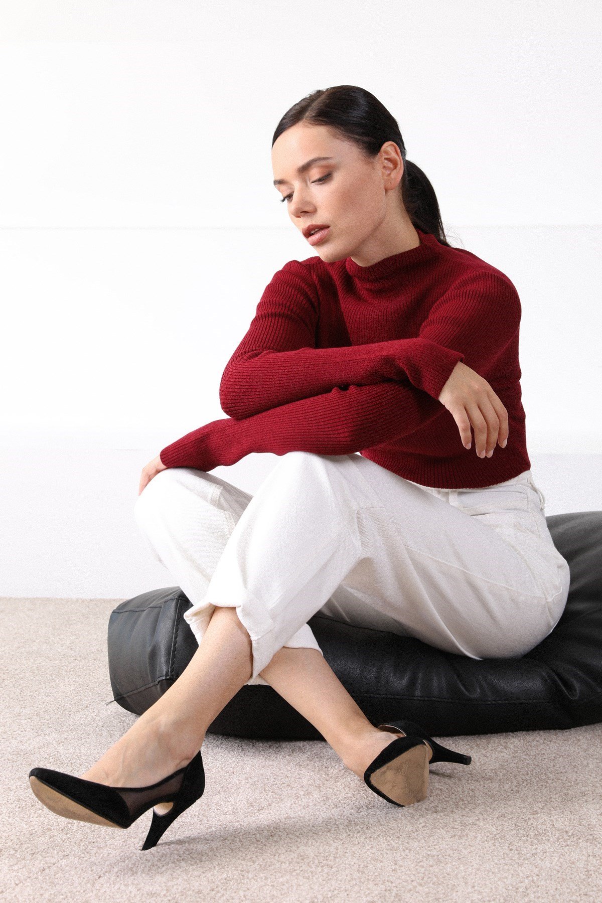 Ferraro Bordo Modern Yaka Uzun Kol Kadın Triko Kazak