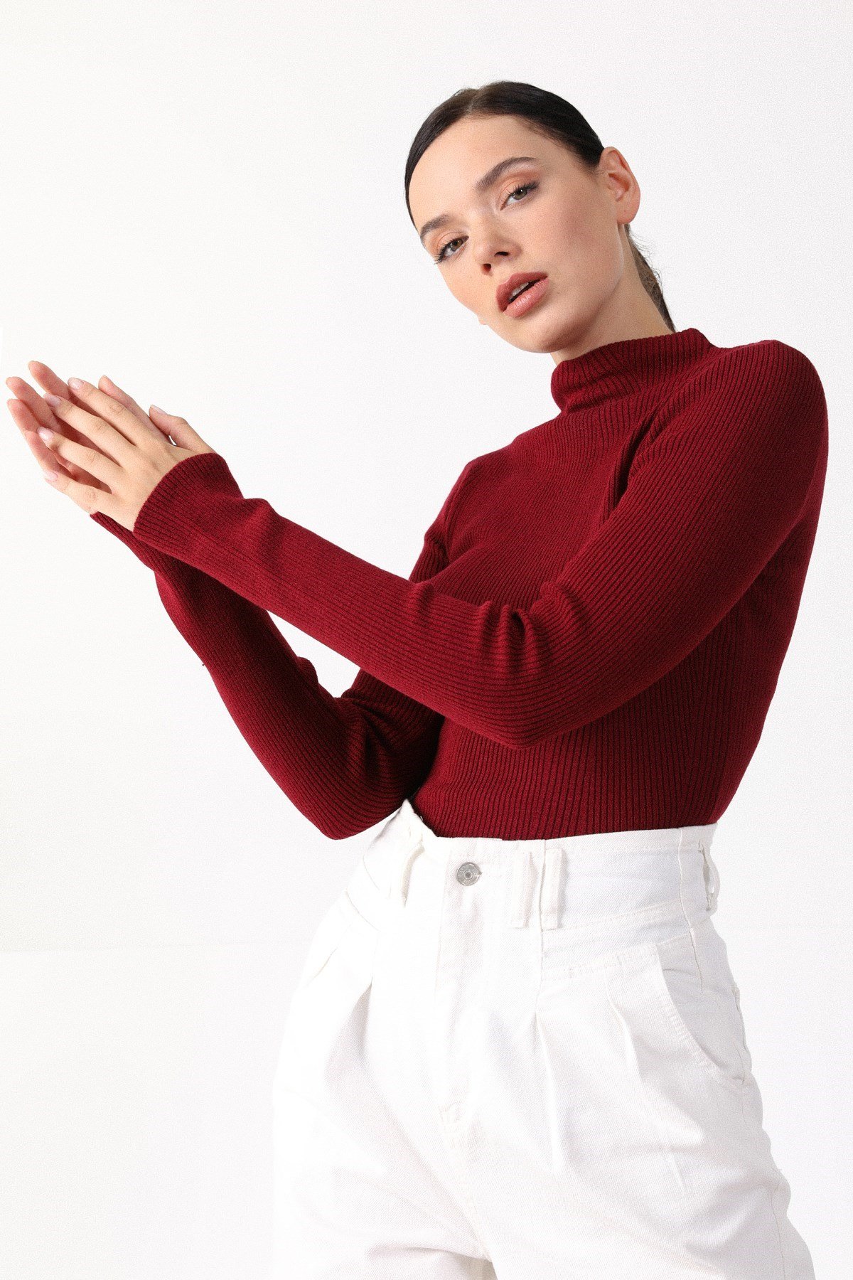 Ferraro Bordo Modern Yaka Uzun Kol Kadın Triko Kazak