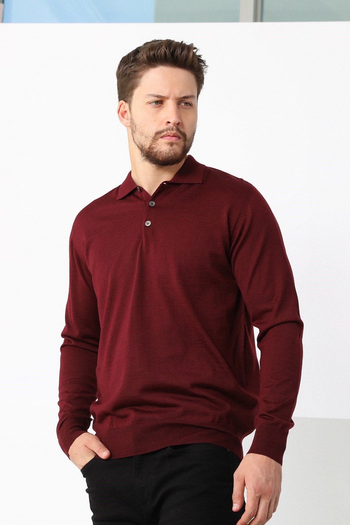 Ferraro Bordo Polo Yaka Erkek Triko Kazak